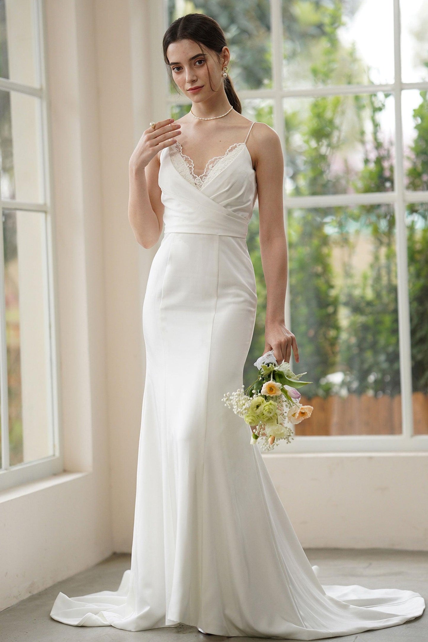 Trumpet-Mermaid Sweep-Brush Train Stretch Satin Wedding Dress CW3310 - COCOMELODY
