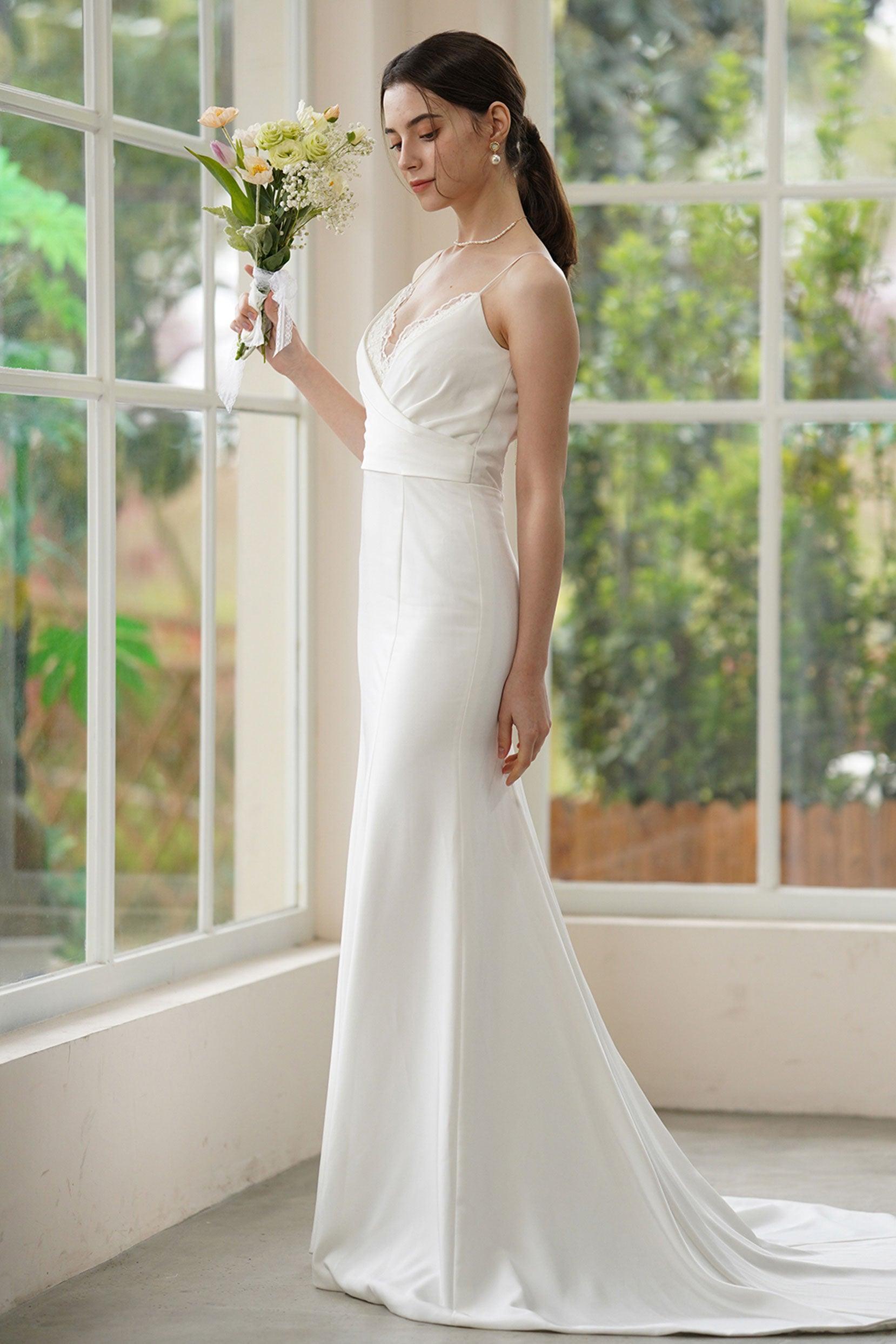 Trumpet-Mermaid Sweep-Brush Train Stretch Satin Wedding Dress CW3310 - COCOMELODY
