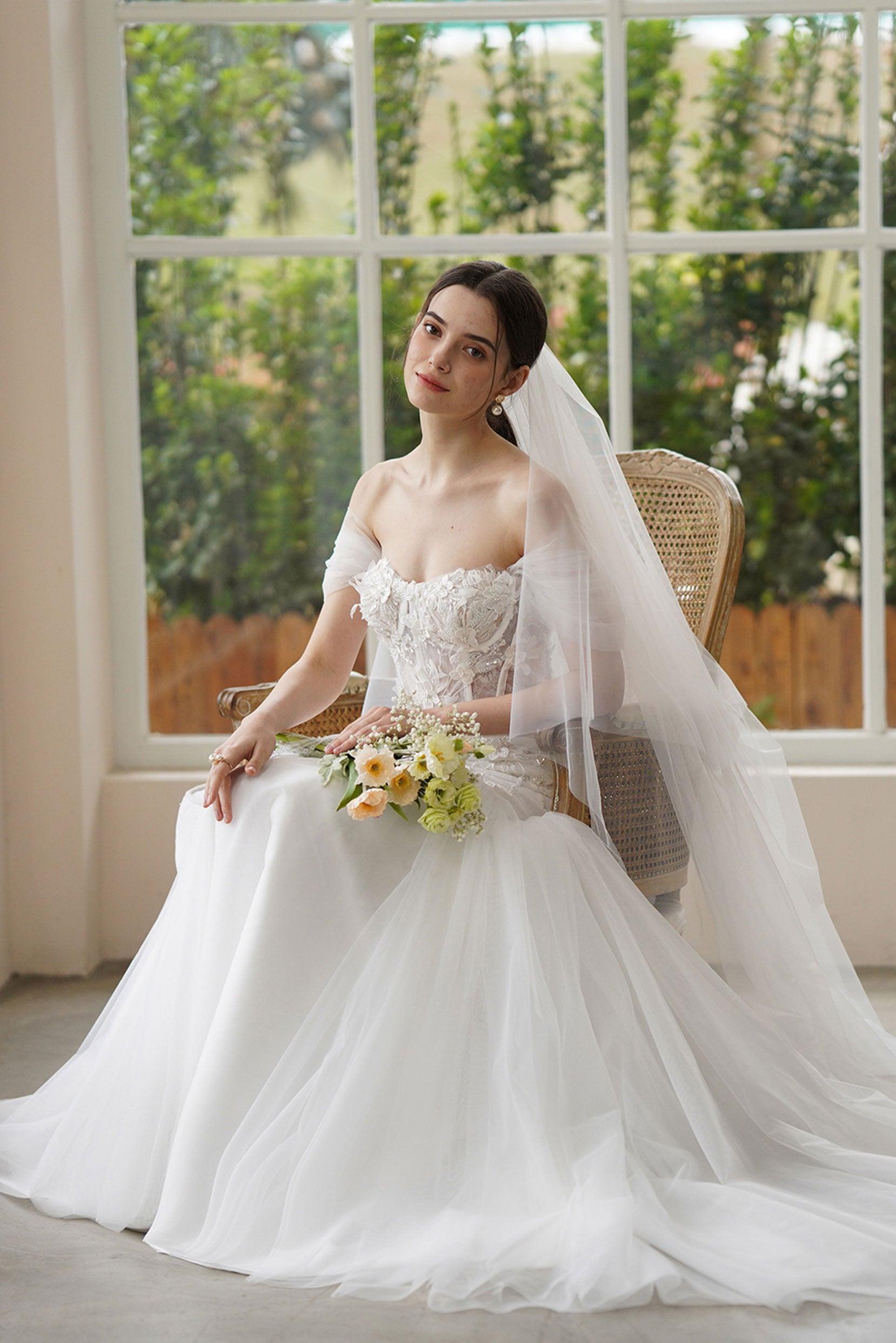 Trumpet-Mermaid Sweep-Brush Train Lace Tulle Wedding Dress CW3312 - COCOMELODY