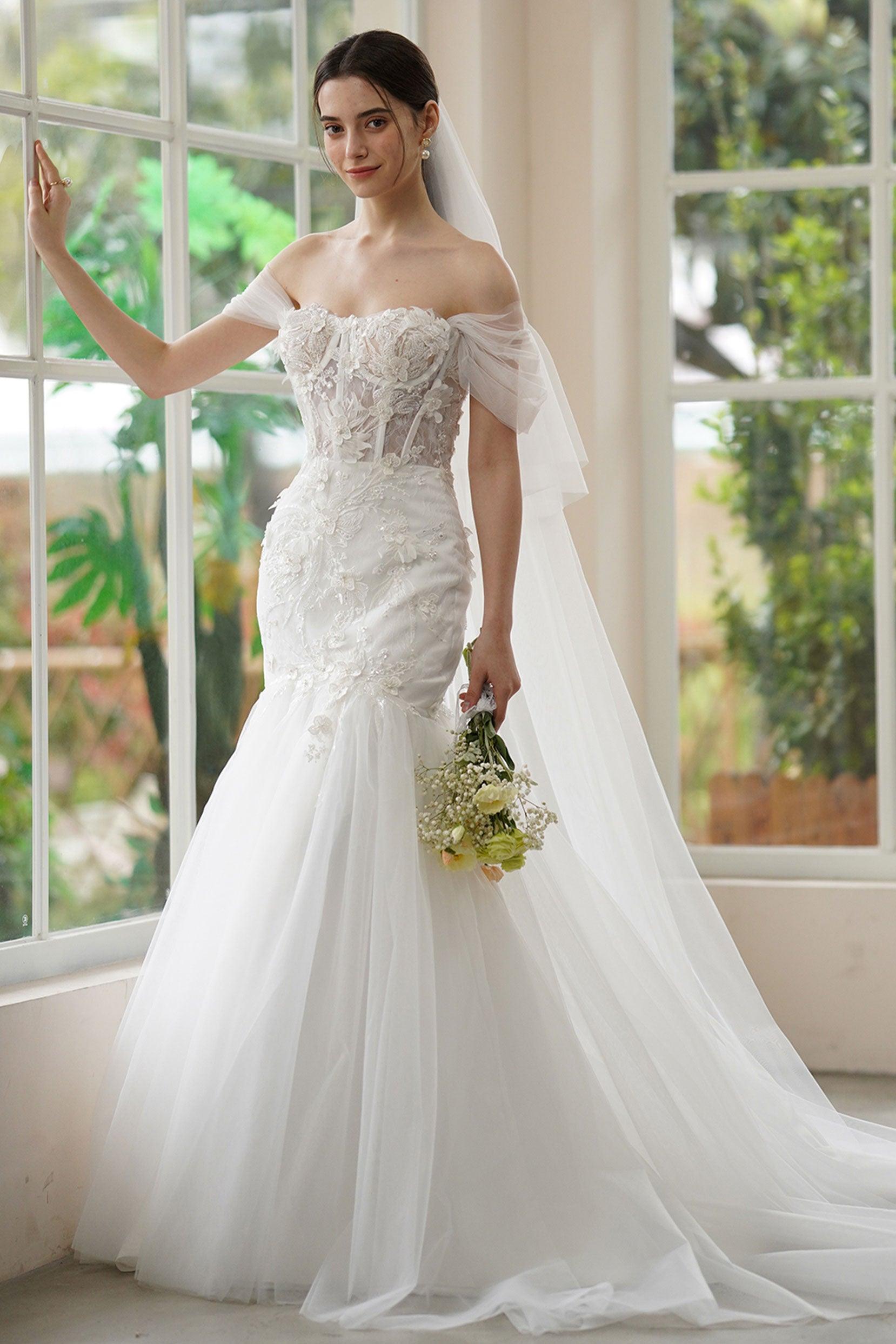 Trumpet-Mermaid Sweep-Brush Train Lace Tulle Wedding Dress CW3312 - COCOMELODY
