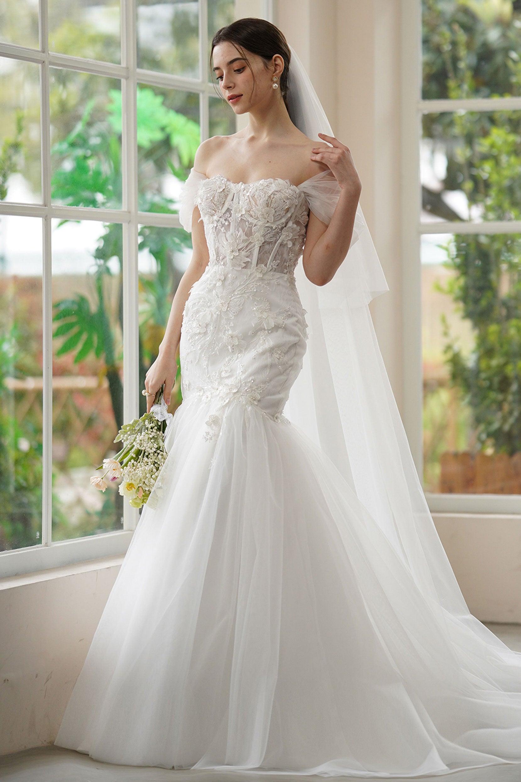 Trumpet-Mermaid Sweep-Brush Train Lace Tulle Wedding Dress CW3312 - COCOMELODY