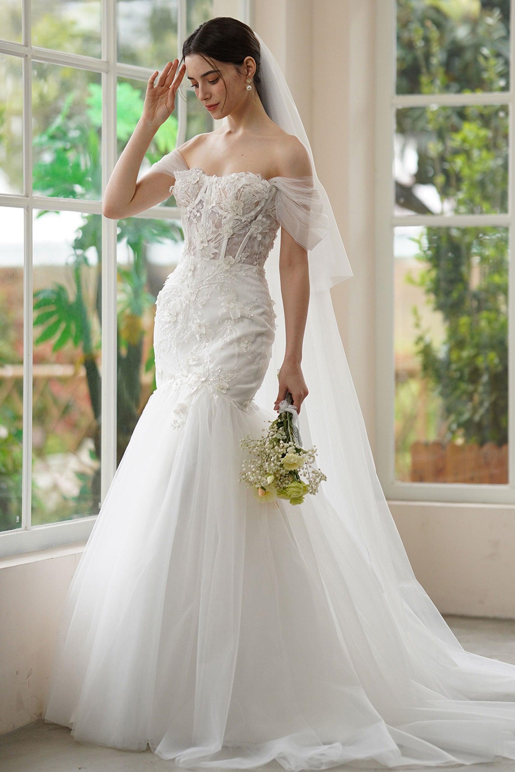 Trumpet-Mermaid Sweep-Brush Train Lace Tulle Wedding Dress CW3312 - COCOMELODY