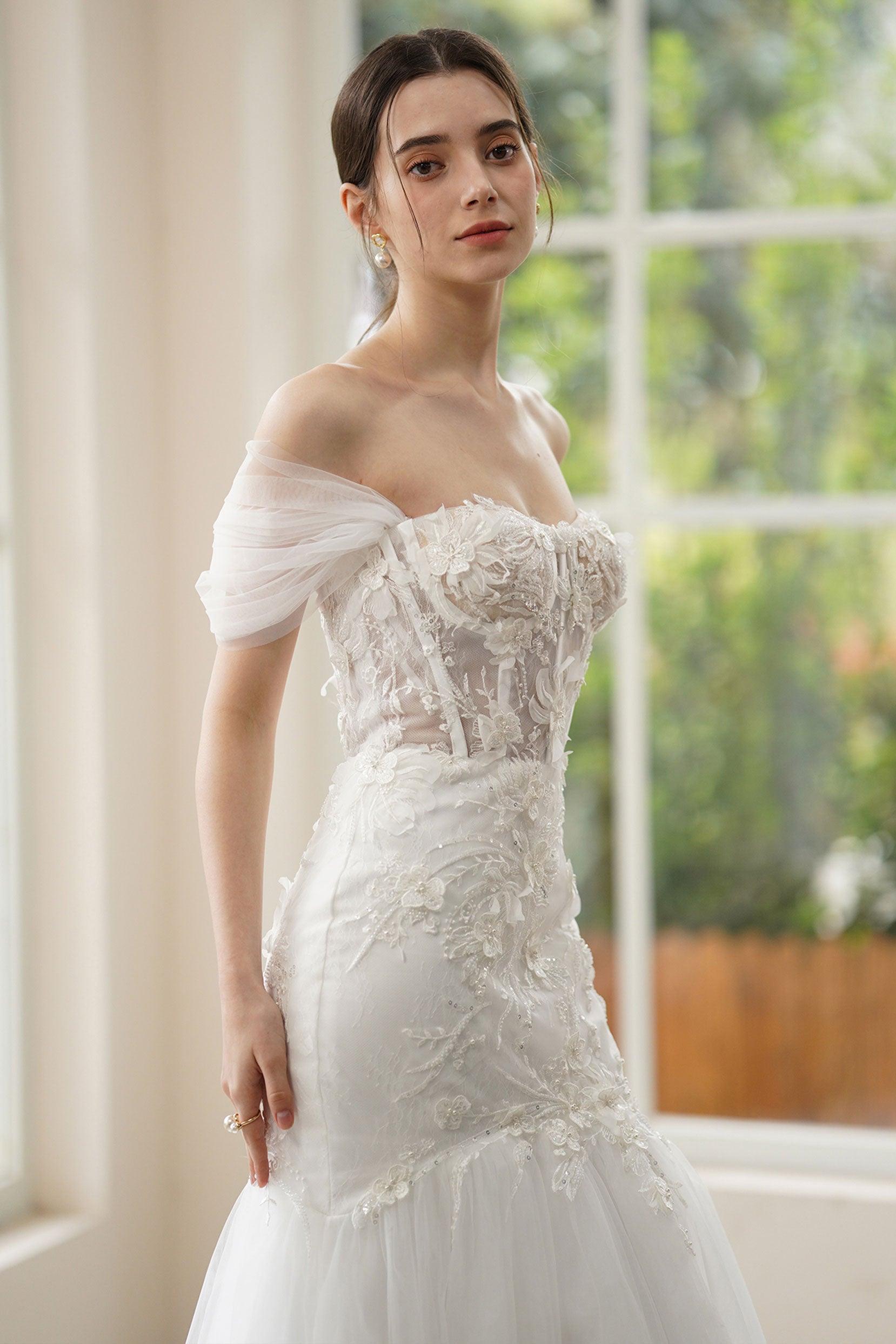 Trumpet-Mermaid Sweep-Brush Train Lace Tulle Wedding Dress CW3312 - COCOMELODY