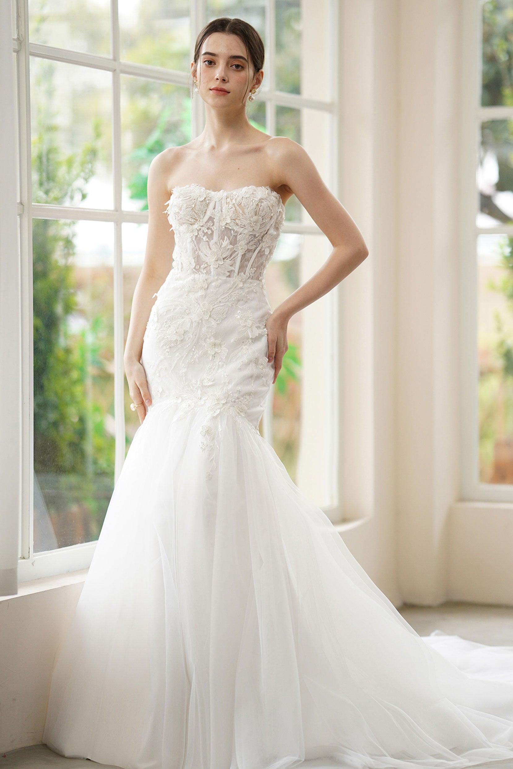 Trumpet-Mermaid Sweep-Brush Train Lace Tulle Wedding Dress CW3312 - COCOMELODY