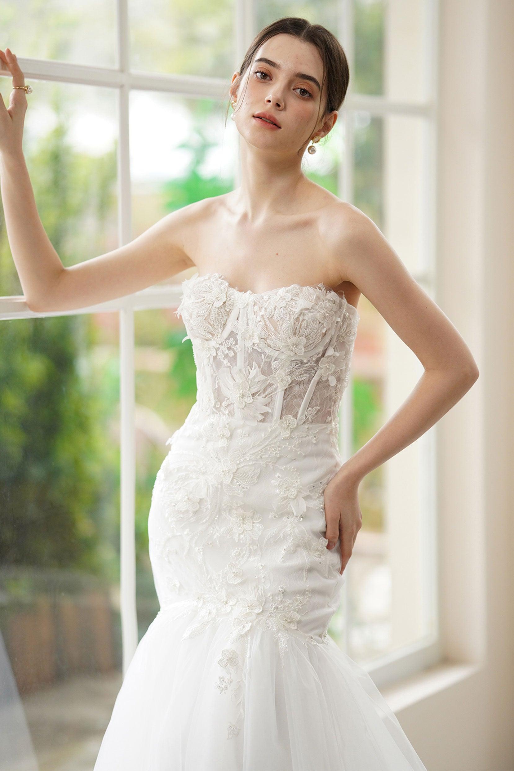 Trumpet-Mermaid Sweep-Brush Train Lace Tulle Wedding Dress CW3312 - COCOMELODY