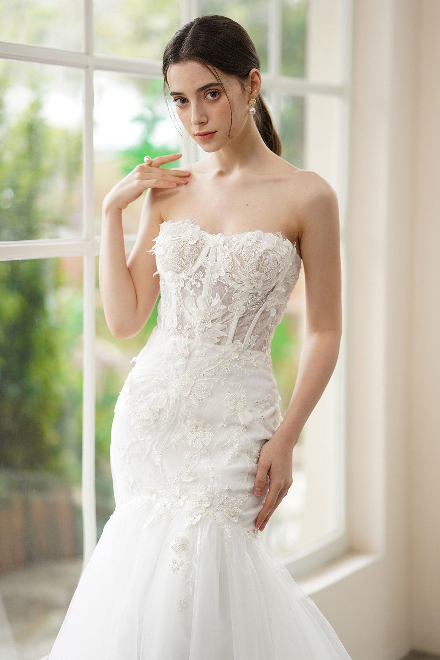 Trumpet-Mermaid Sweep-Brush Train Lace Tulle Wedding Dress CW3312 - COCOMELODY