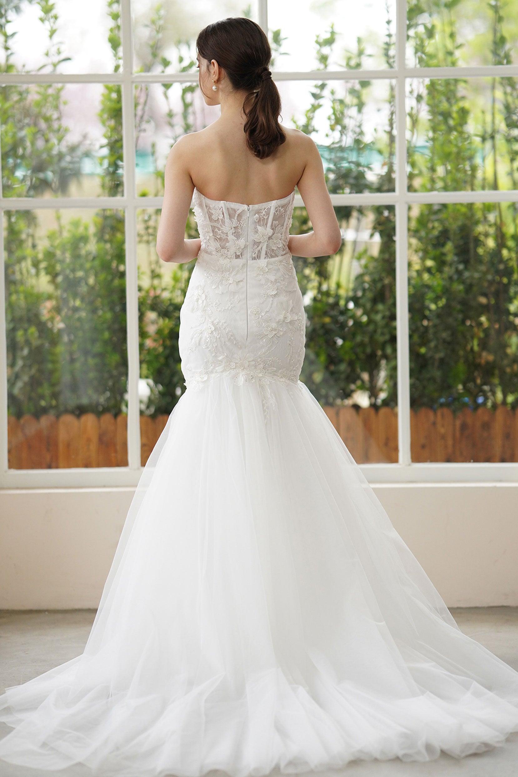 Trumpet-Mermaid Sweep-Brush Train Lace Tulle Wedding Dress CW3312 - COCOMELODY