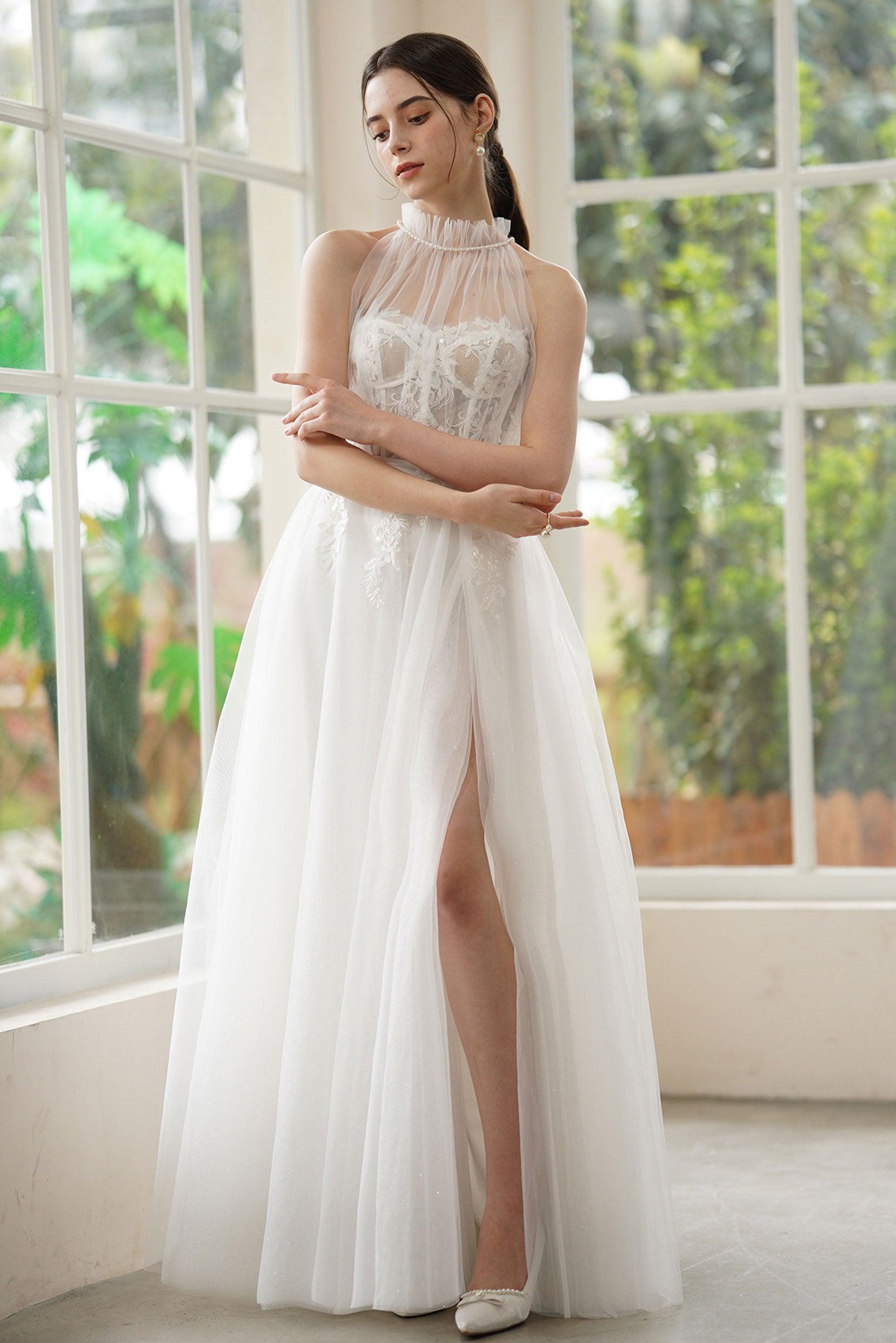 A-Line Sweep-Brush Train Lace Tulle Wedding Dress CW3315 - COCOMELODY