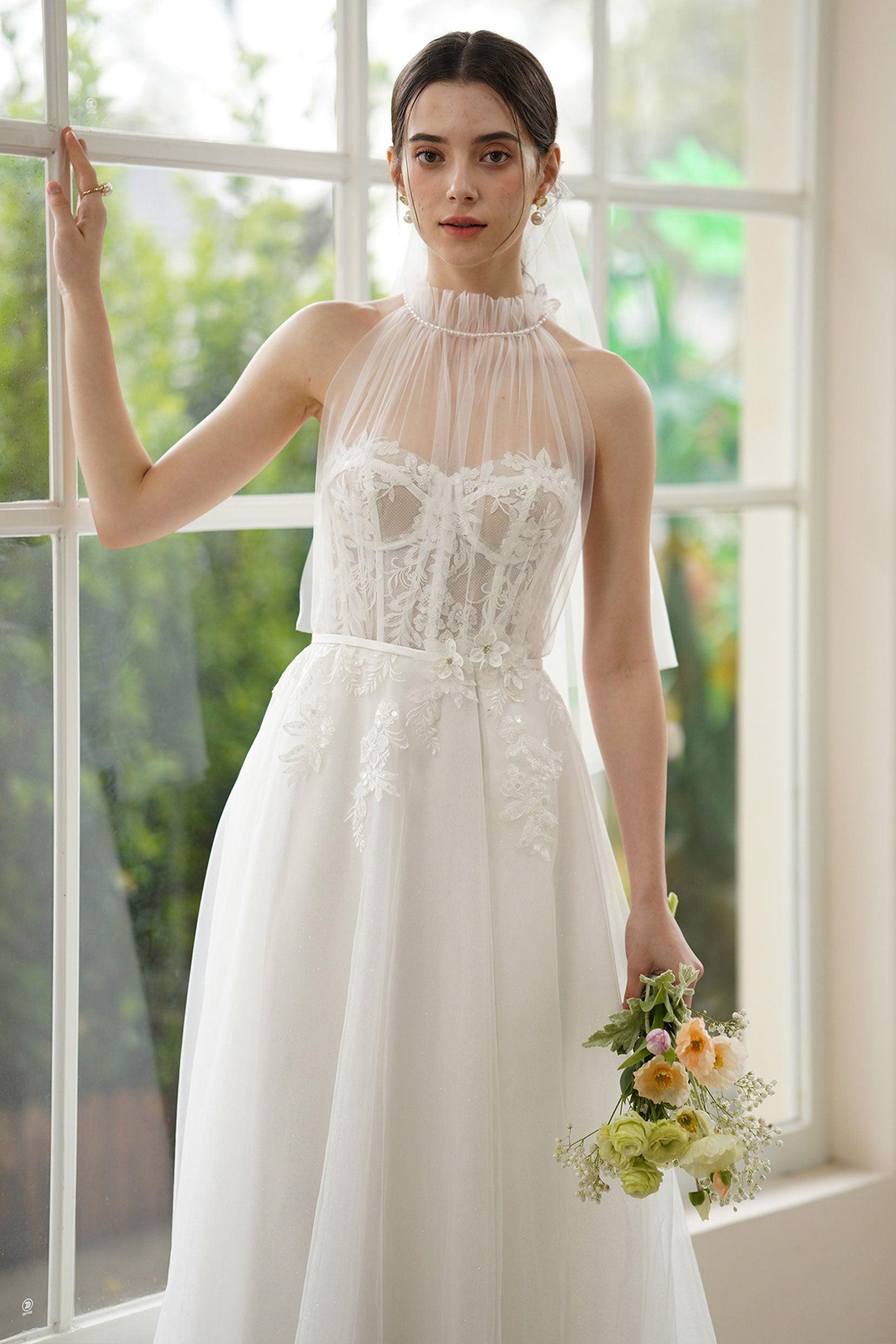 A-Line Sweep-Brush Train Lace Tulle Wedding Dress CW3315 - COCOMELODY