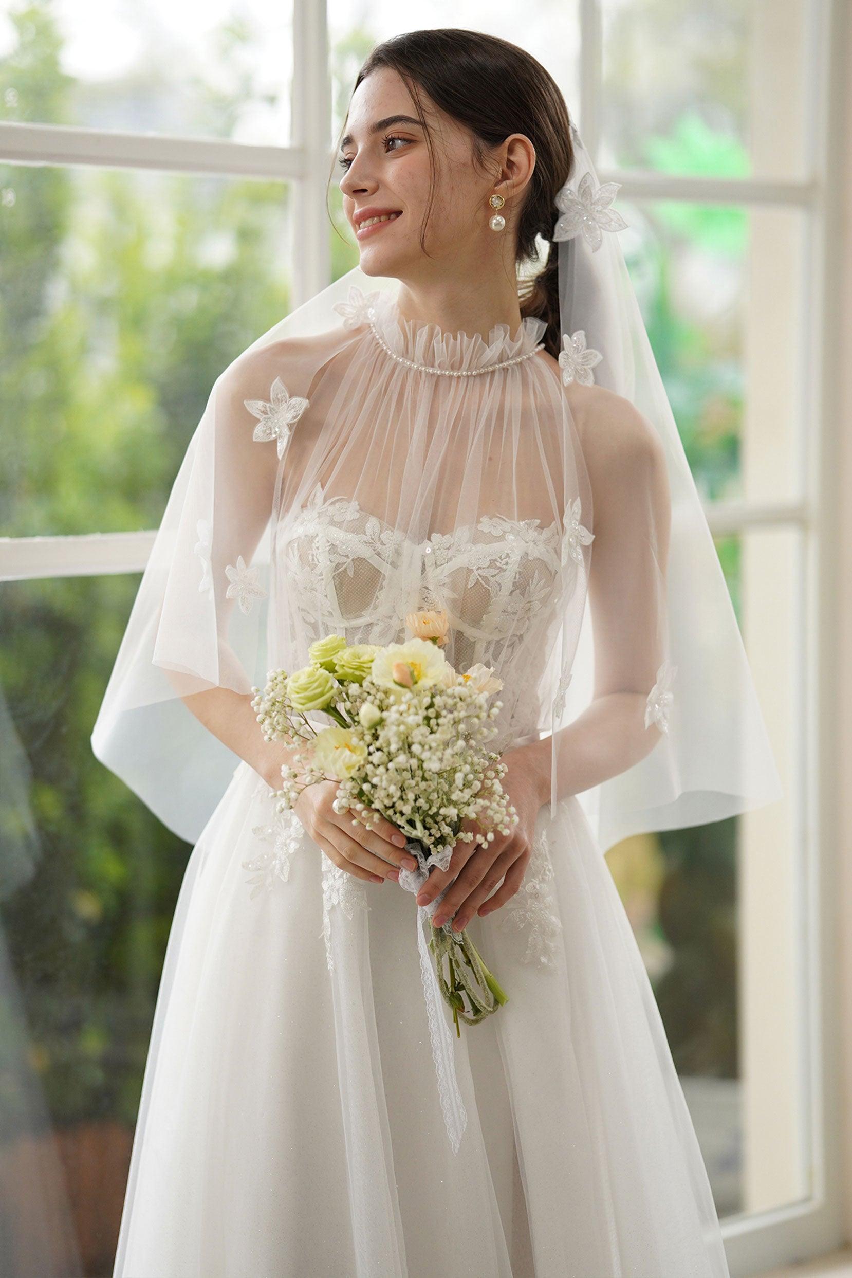 A-Line Sweep-Brush Train Lace Tulle Wedding Dress CW3315 - COCOMELODY