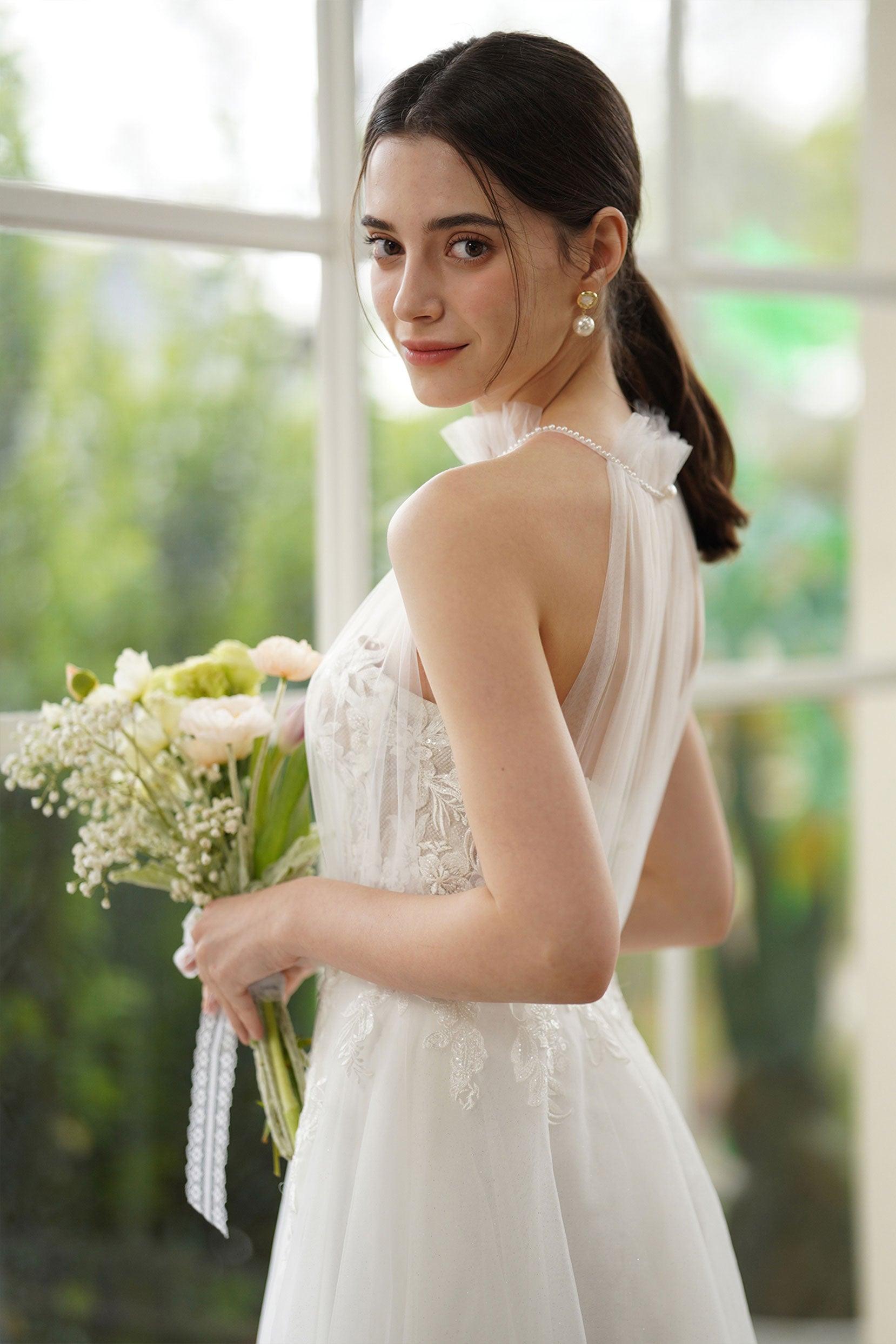 A-Line Sweep-Brush Train Lace Tulle Wedding Dress CW3315 - COCOMELODY
