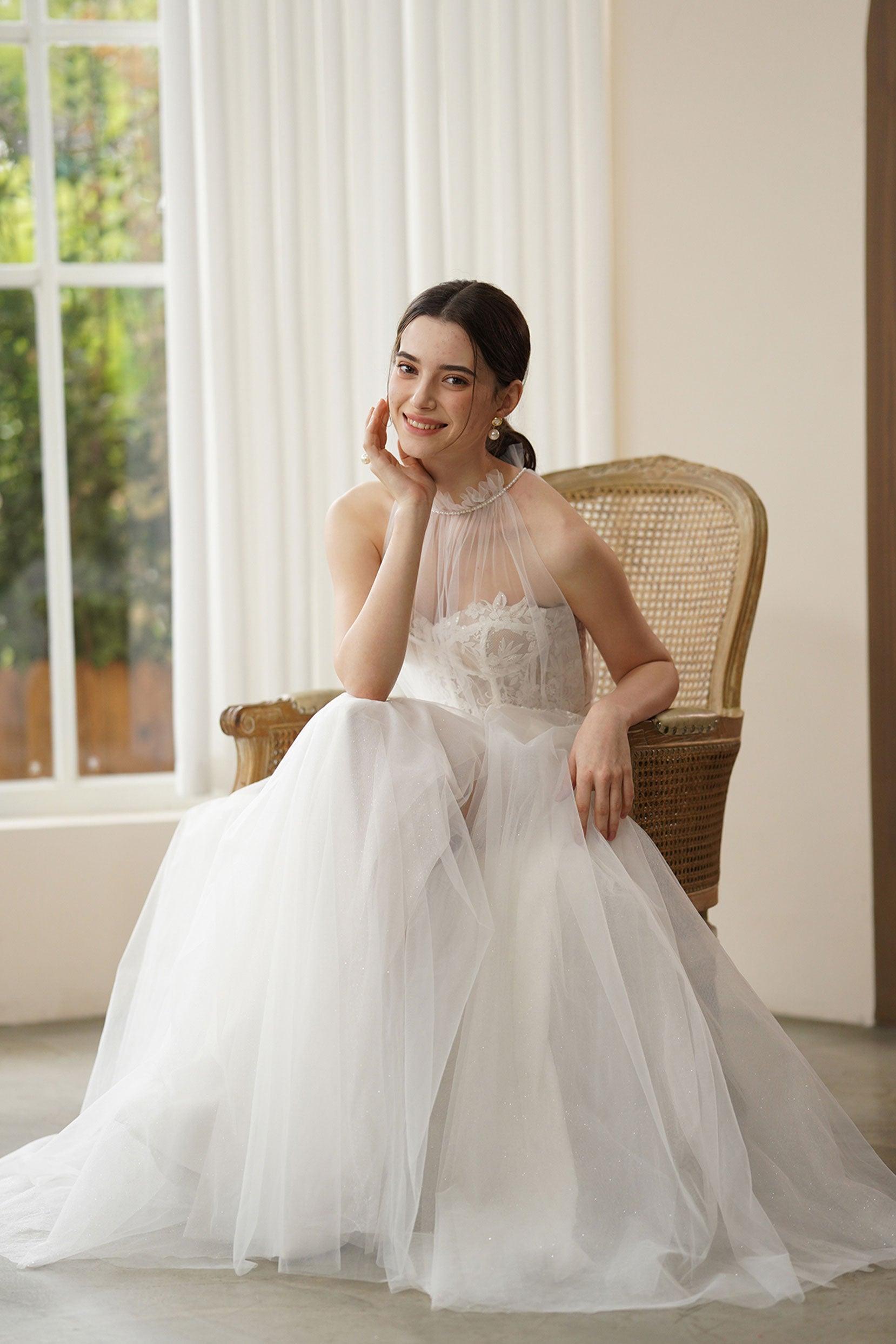 A-Line Sweep-Brush Train Lace Tulle Wedding Dress CW3315 - COCOMELODY