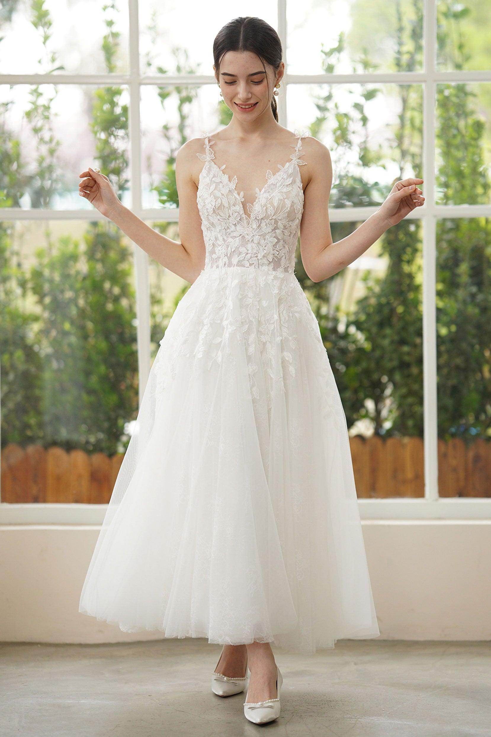 A-Line Ankle Length Lace Tulle Wedding Dress CW3316 - COCOMELODY