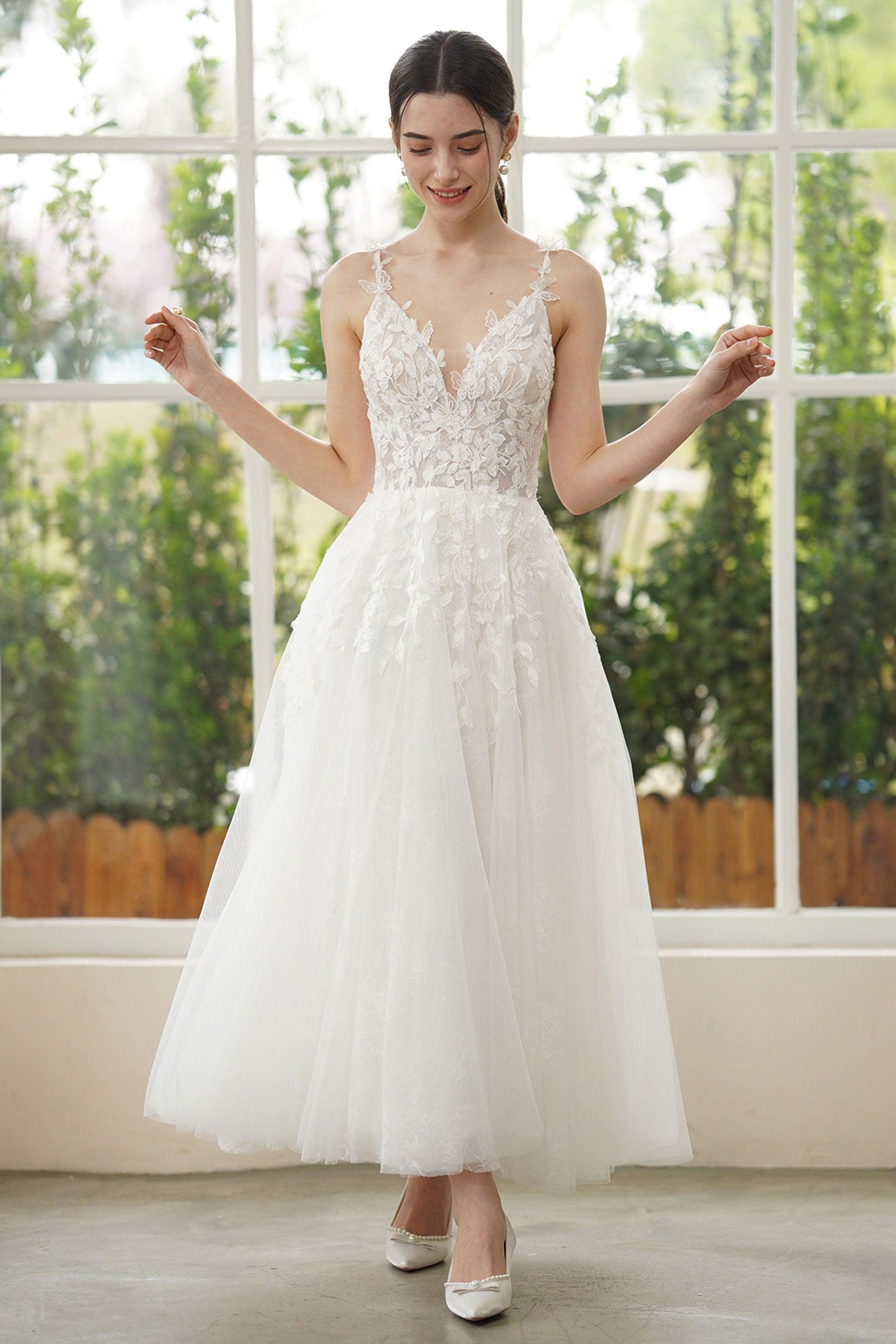 A-Line Ankle Length Lace Tulle Wedding Dress CW3316 - COCOMELODY