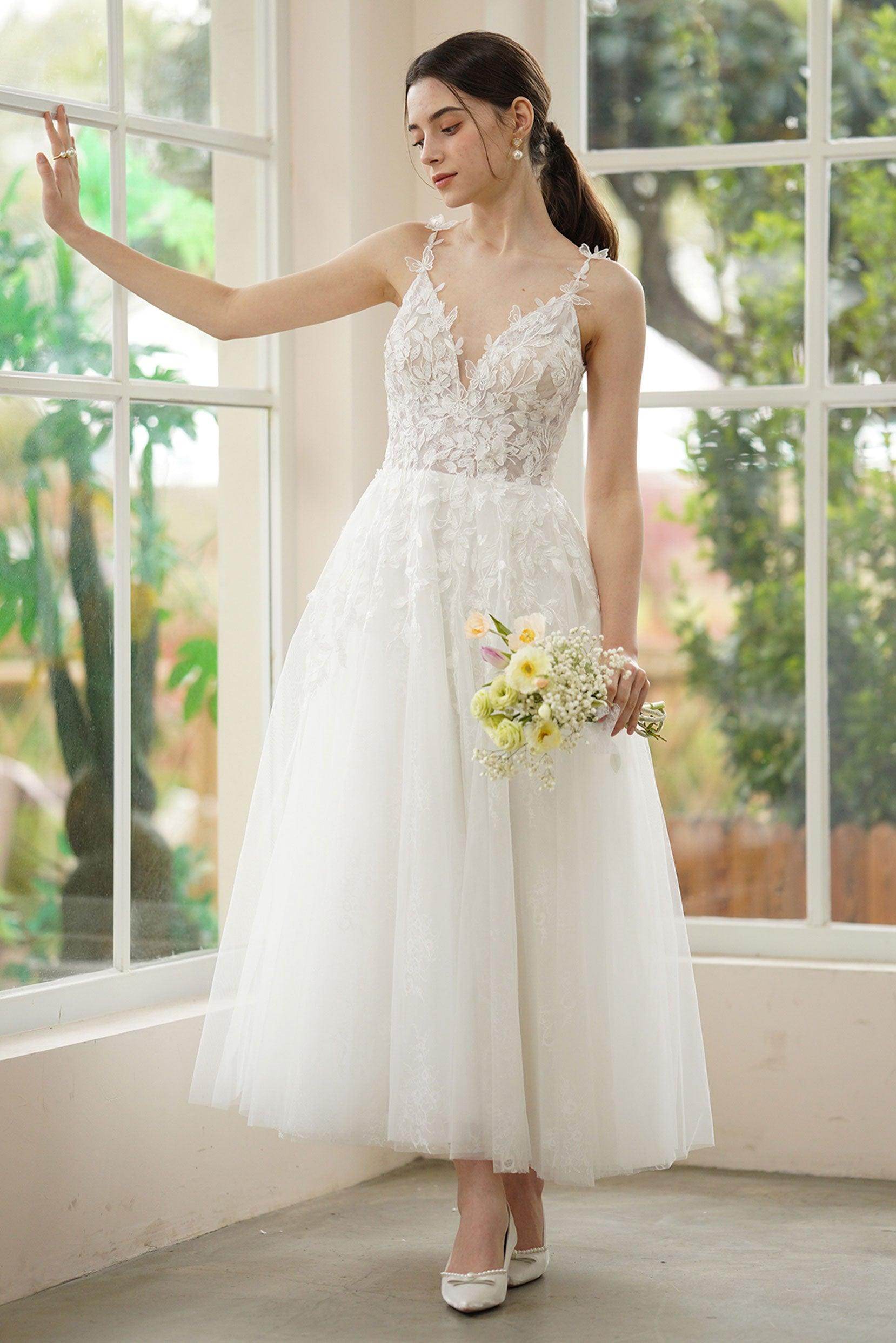 A-Line Ankle Length Lace Tulle Wedding Dress CW3316 - COCOMELODY