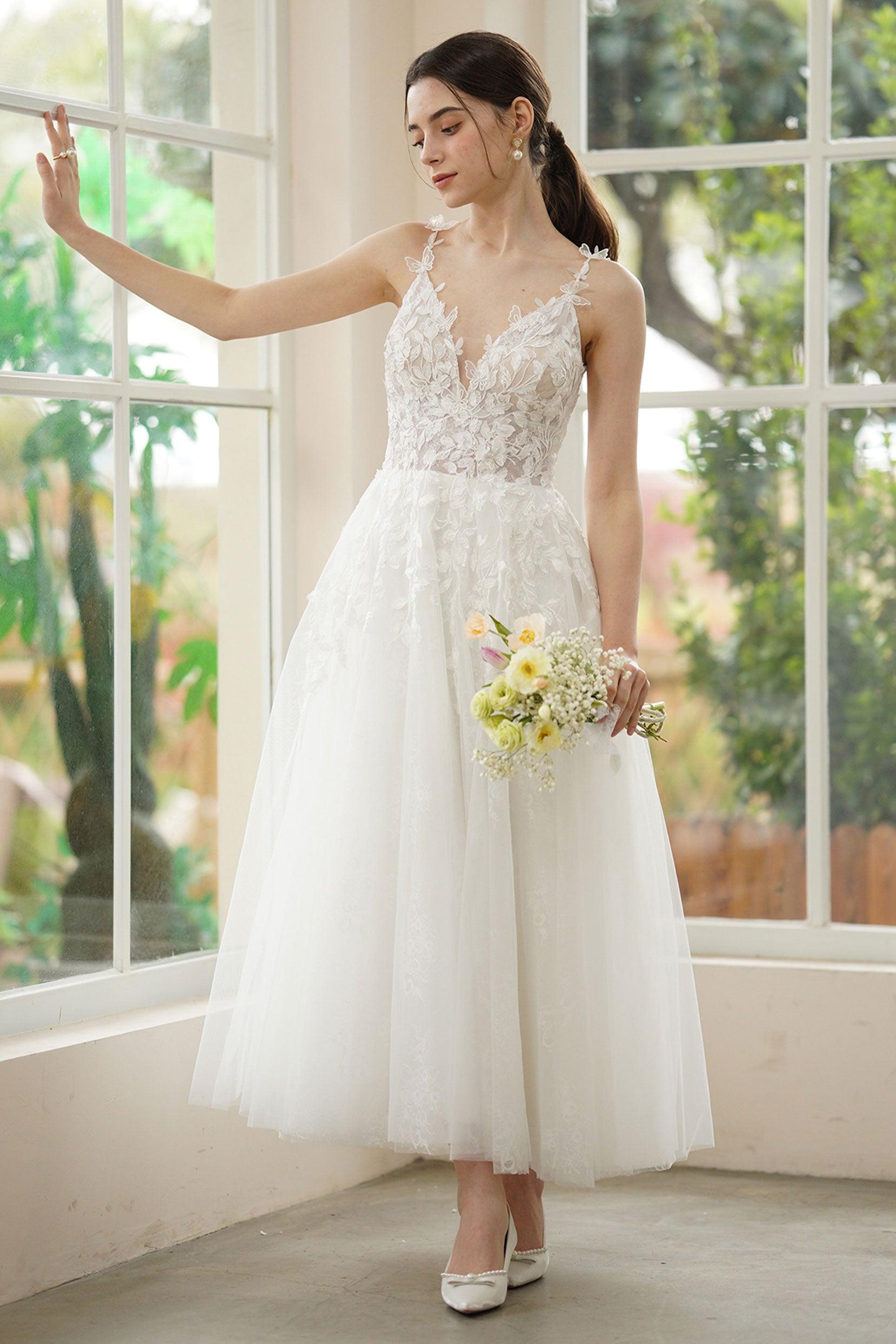 A-Line Ankle Length Lace Tulle Wedding Dress CW3316 - COCOMELODY