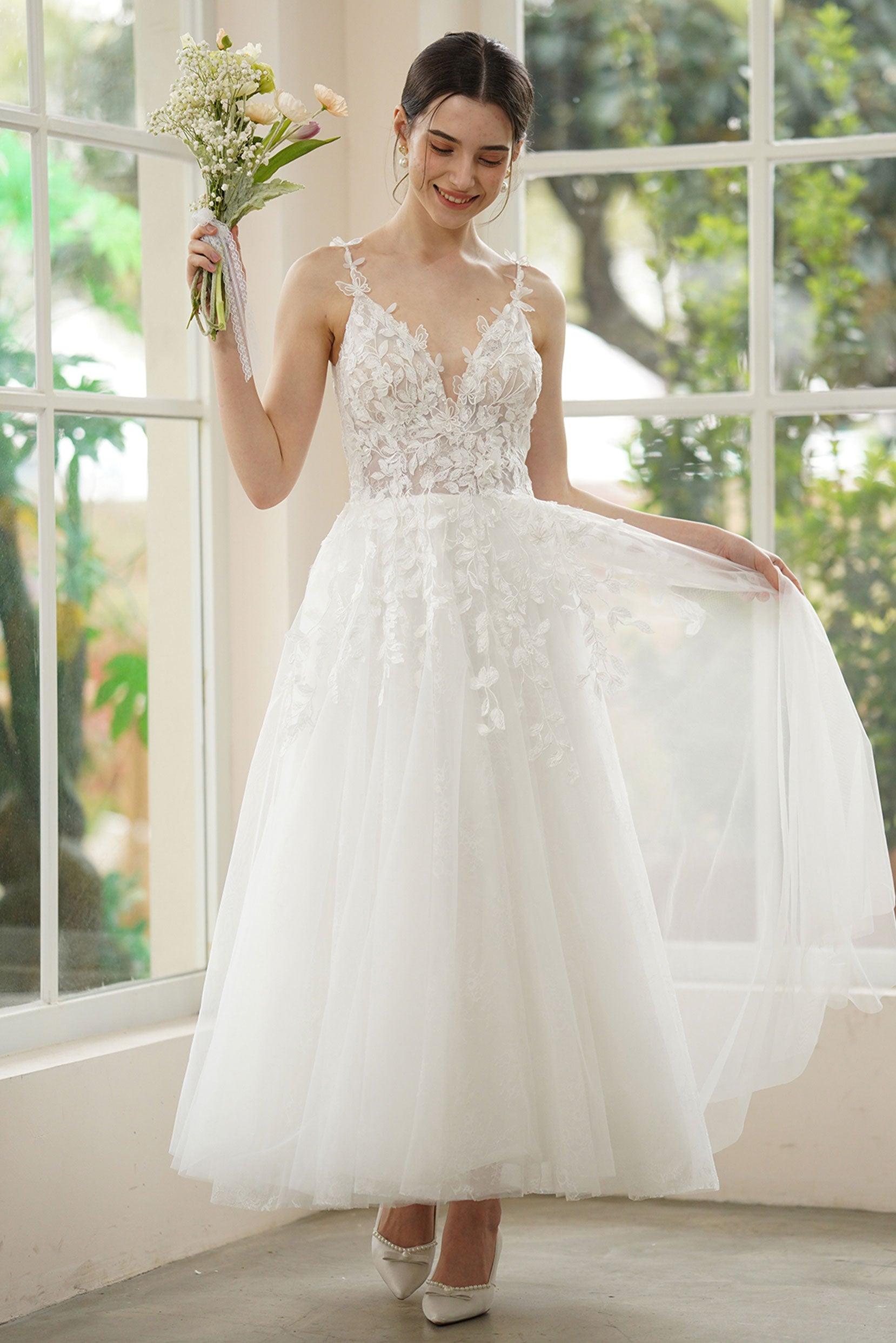 A-Line Ankle Length Lace Tulle Wedding Dress CW3316 - COCOMELODY