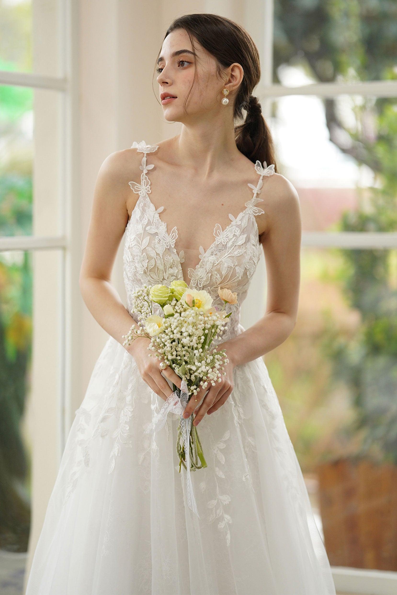 A-Line Ankle Length Lace Tulle Wedding Dress CW3316 - COCOMELODY