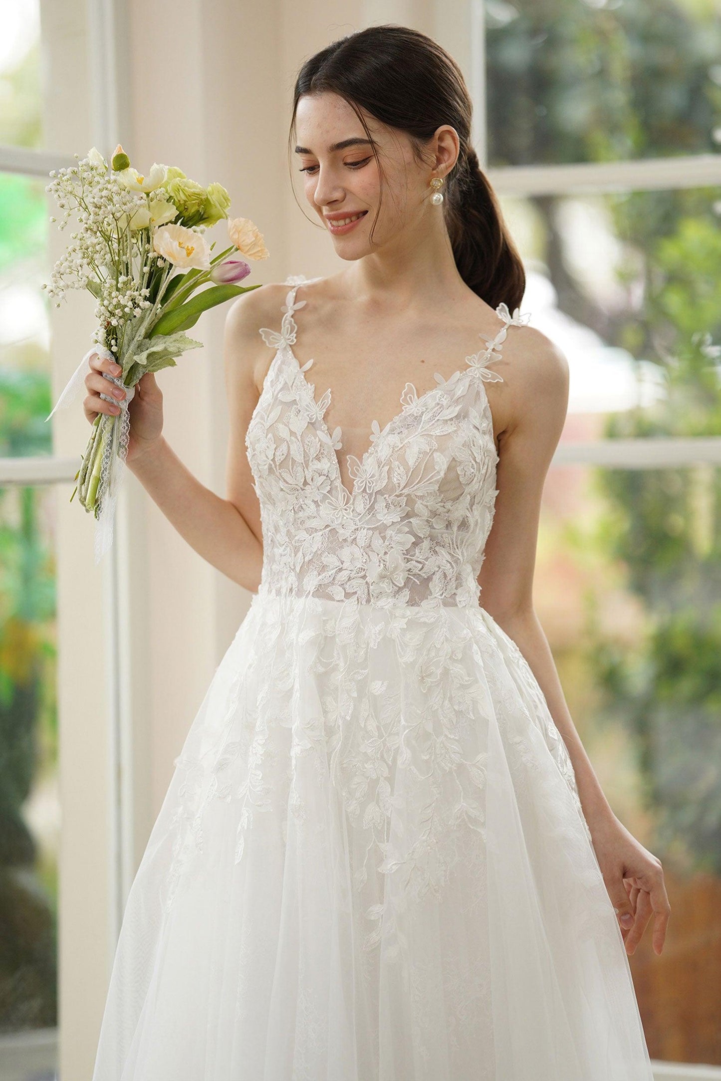 A-Line Ankle Length Lace Tulle Wedding Dress CW3316 - COCOMELODY