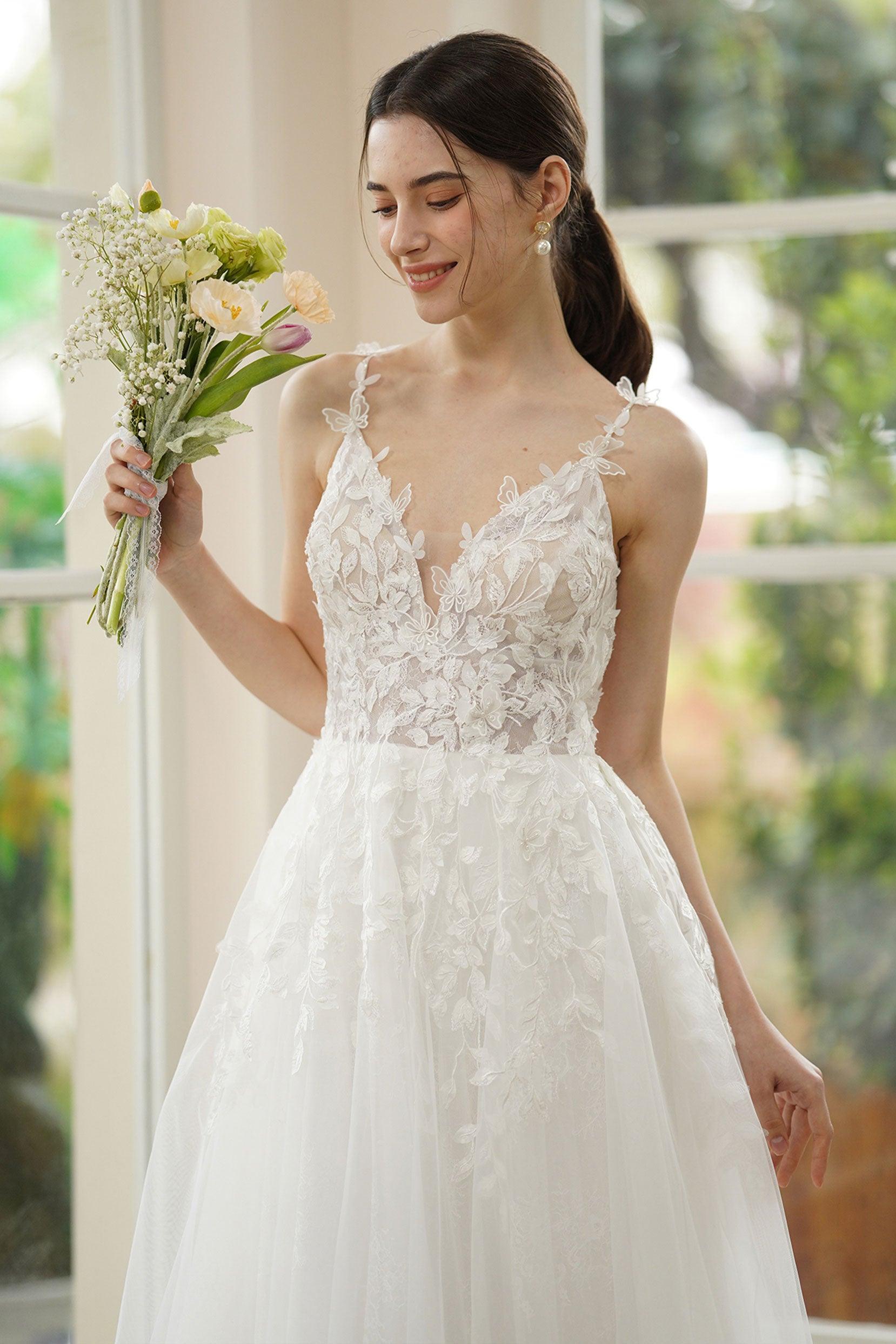 A-Line Ankle Length Lace Tulle Wedding Dress CW3316 - COCOMELODY