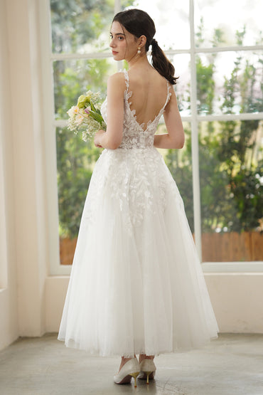 A-Line Ankle Length Lace Tulle Wedding Dress CW3316