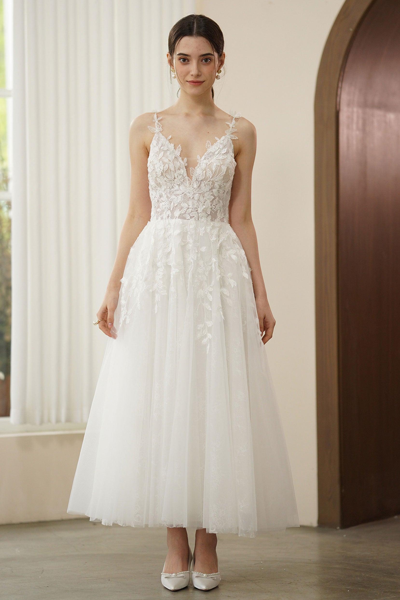 A-Line Ankle Length Lace Tulle Wedding Dress CW3316 - COCOMELODY