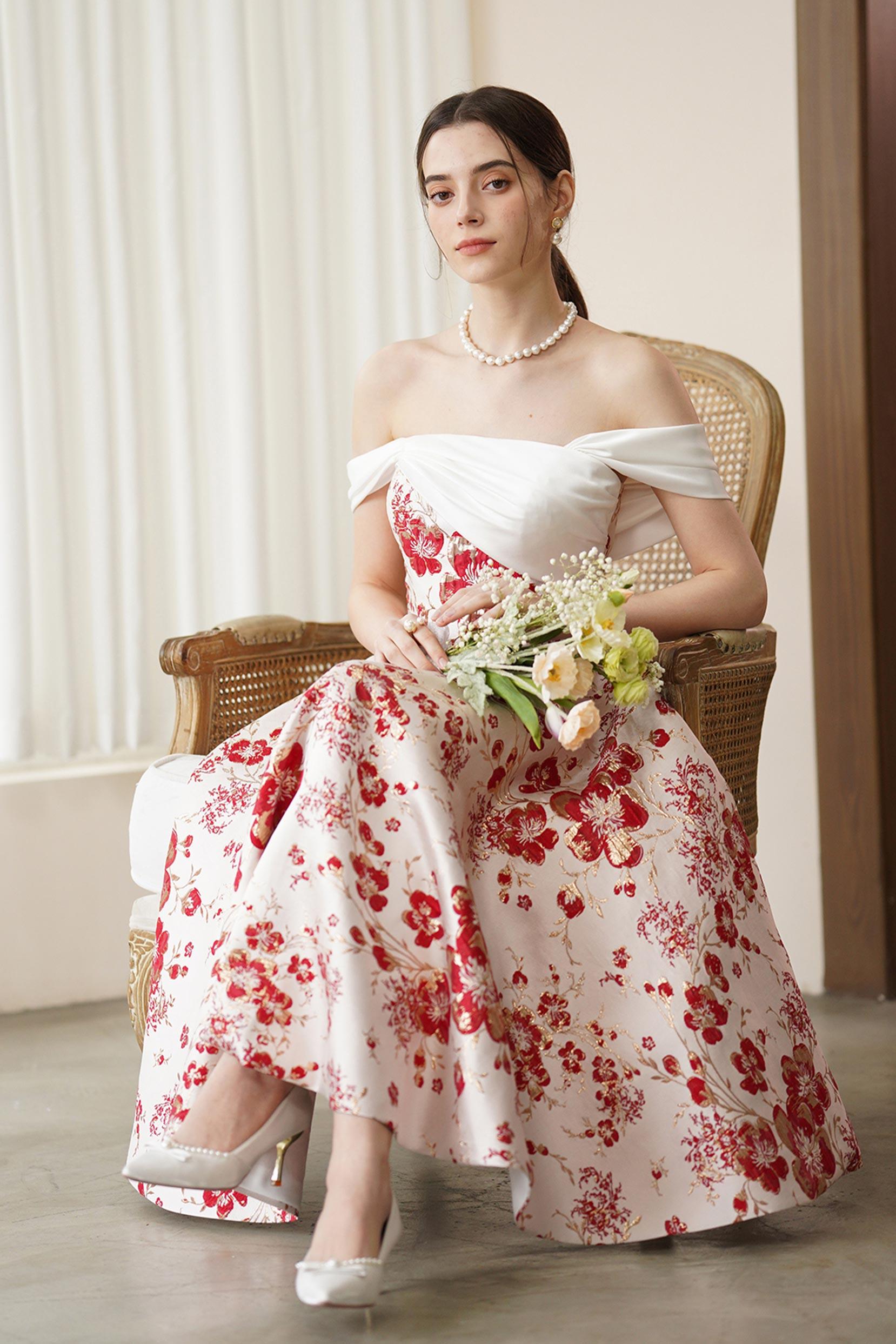 A-Line Tea Length Jacquard Satin Wedding Dress CW3317 - COCOMELODY