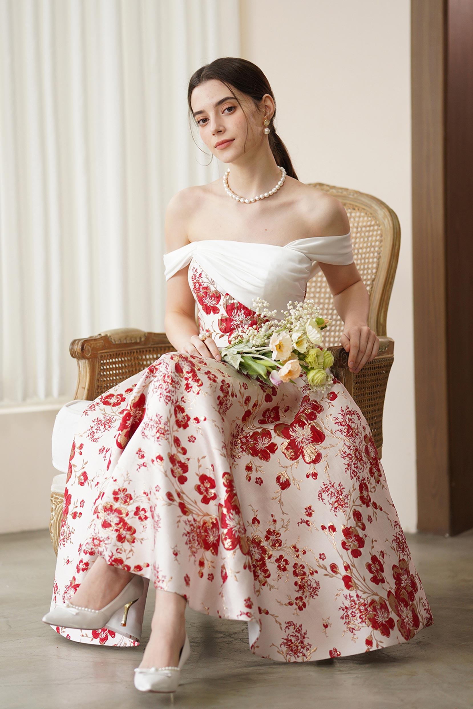 A-Line Tea Length Jacquard Satin Wedding Dress CW3317 - COCOMELODY