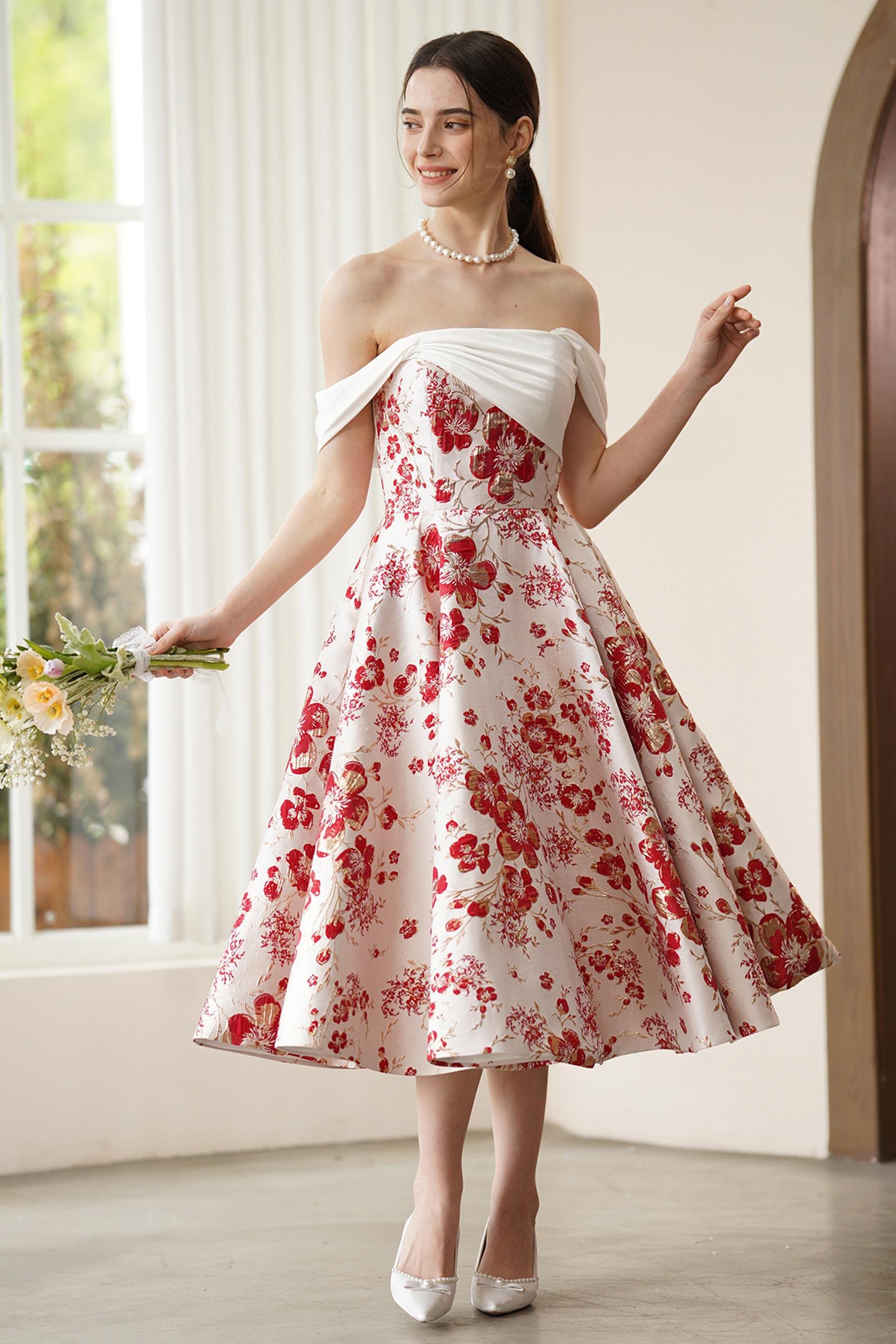 A-Line Tea Length Jacquard Satin Wedding Dress CW3317 - COCOMELODY