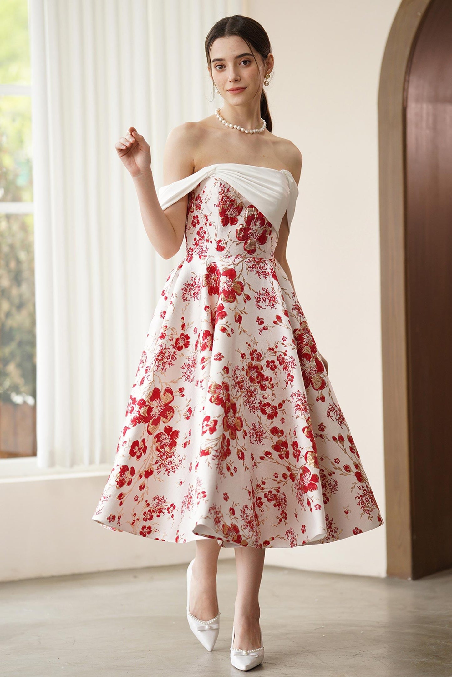 A-Line Tea Length Jacquard Satin Wedding Dress CW3317 - COCOMELODY