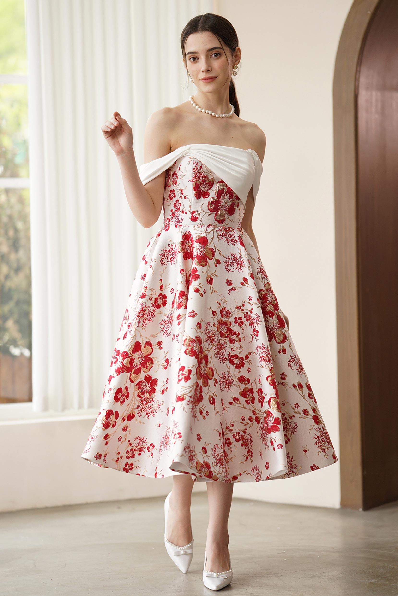 A-Line Tea Length Jacquard Satin Wedding Dress CW3317 - COCOMELODY