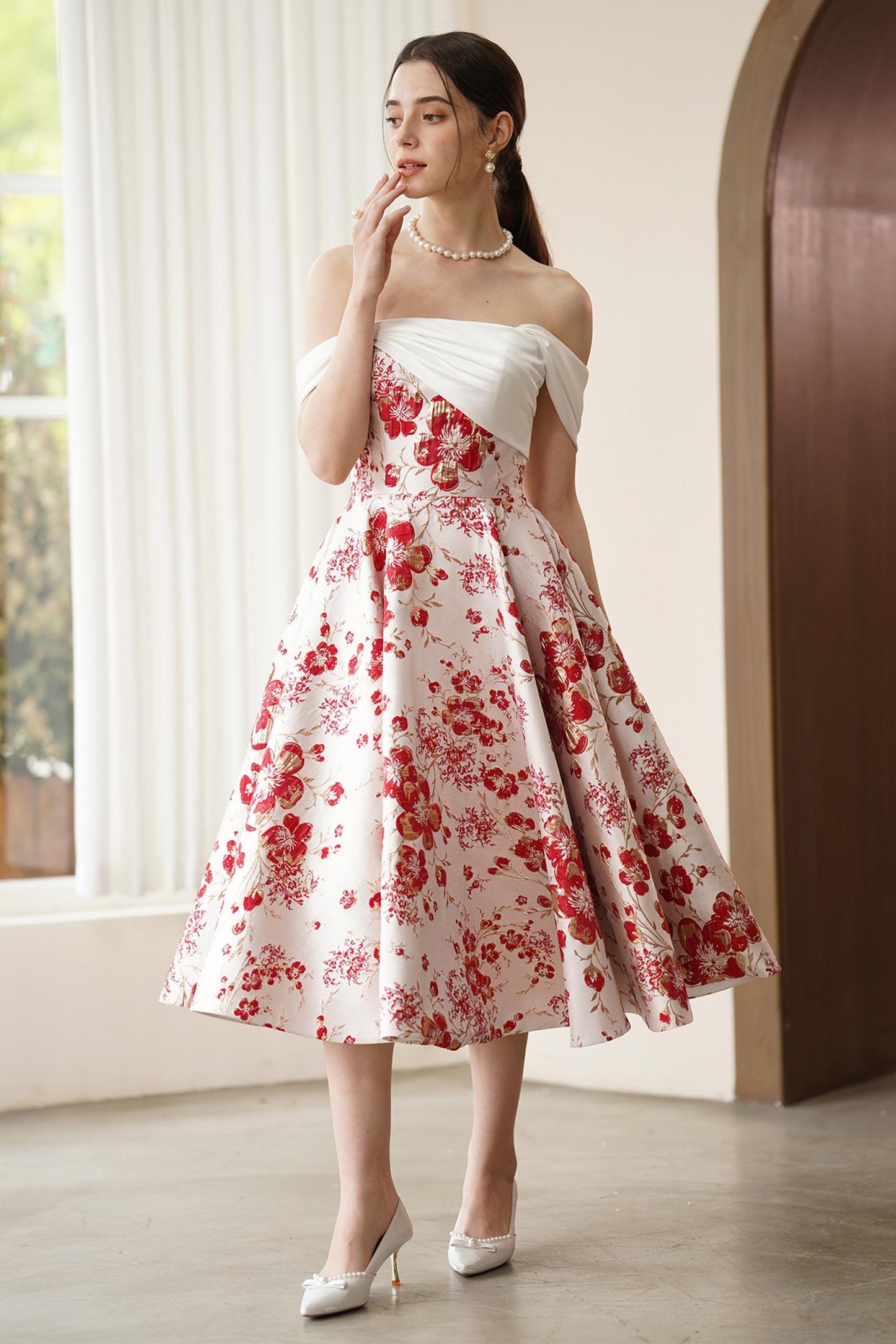 A-Line Tea Length Jacquard Satin Wedding Dress CW3317 - COCOMELODY