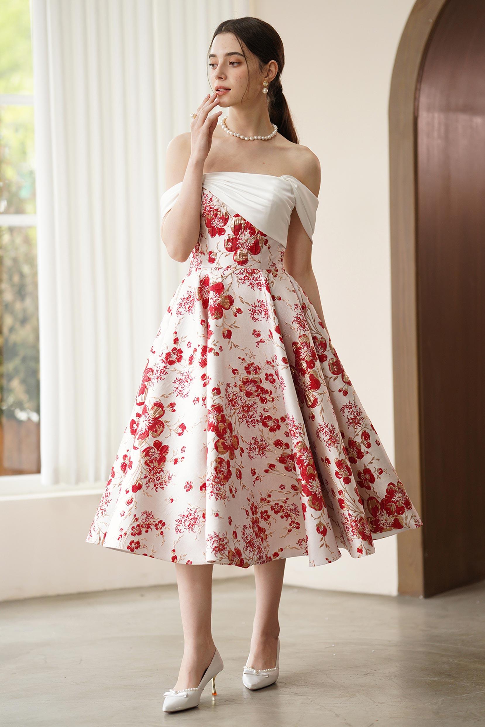 A-Line Tea Length Jacquard Satin Wedding Dress CW3317 - COCOMELODY