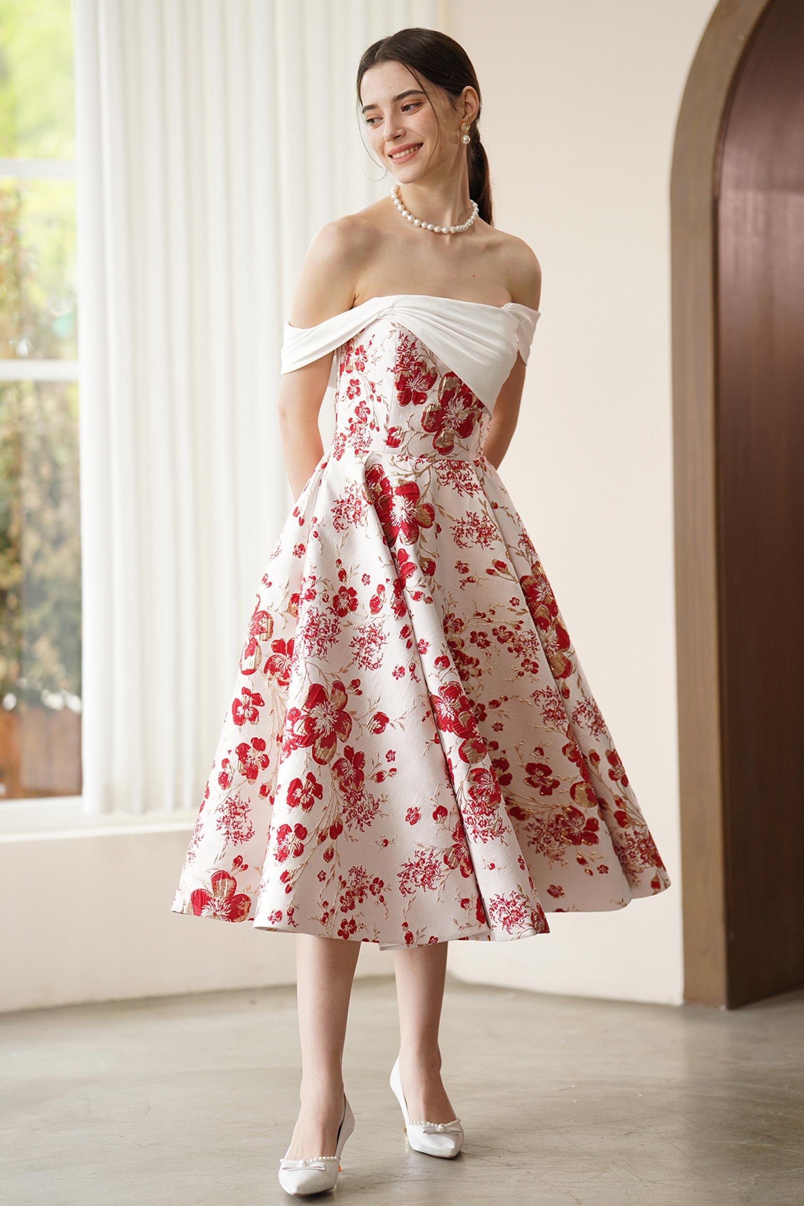 A-Line Tea Length Jacquard Satin Wedding Dress CW3317 - COCOMELODY