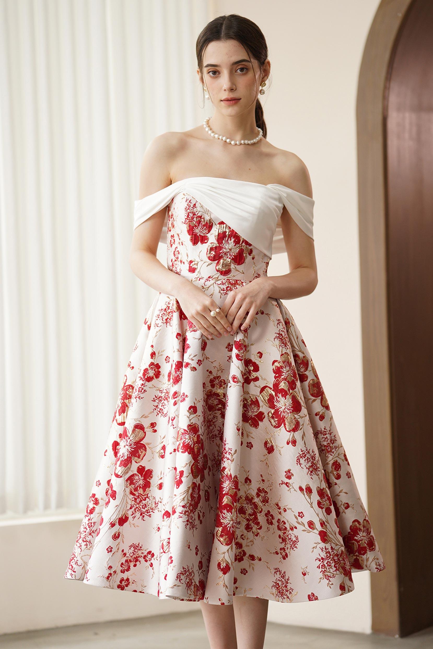 A-Line Tea Length Jacquard Satin Wedding Dress CW3317 - COCOMELODY