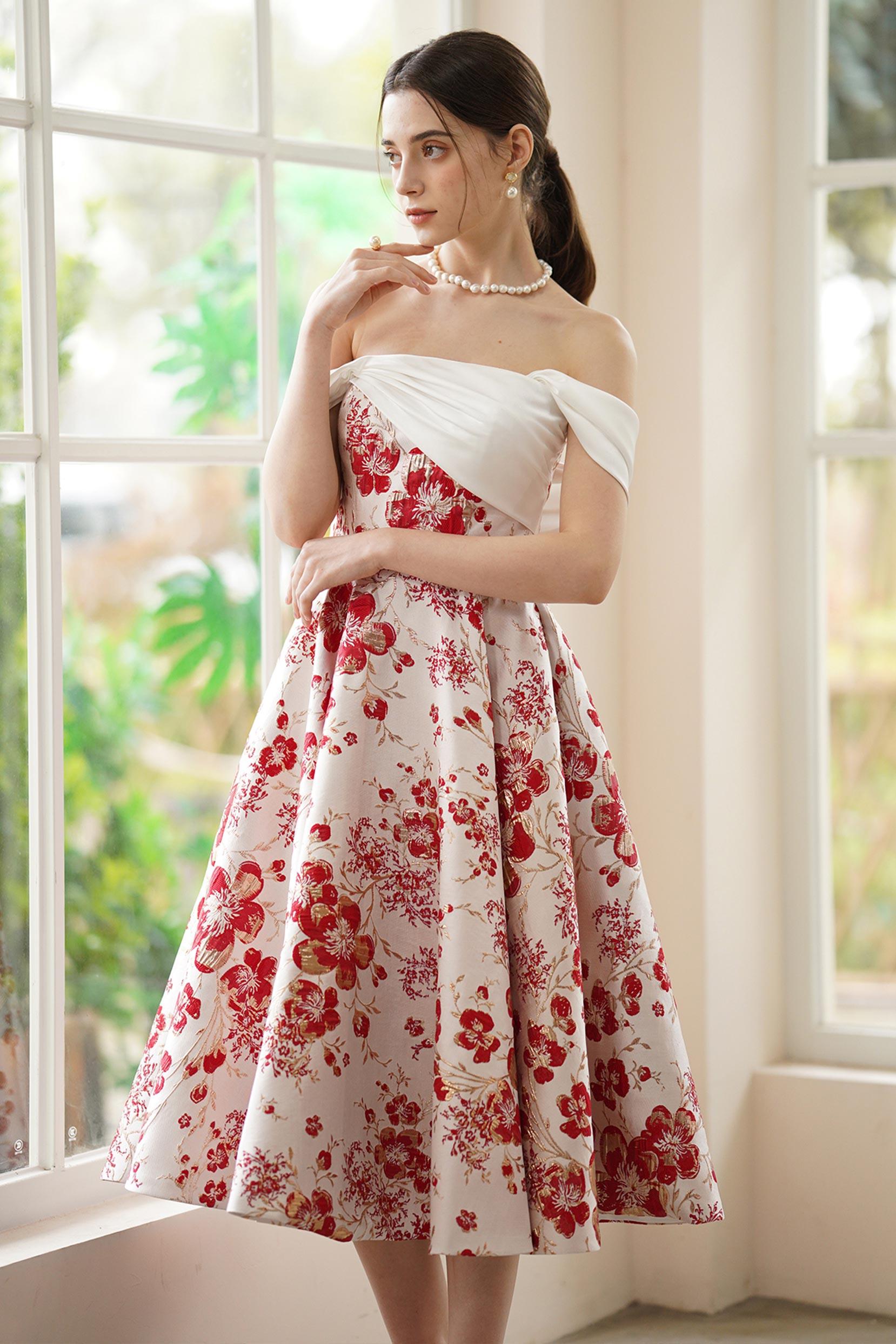 A-Line Tea Length Jacquard Satin Wedding Dress CW3317 - COCOMELODY