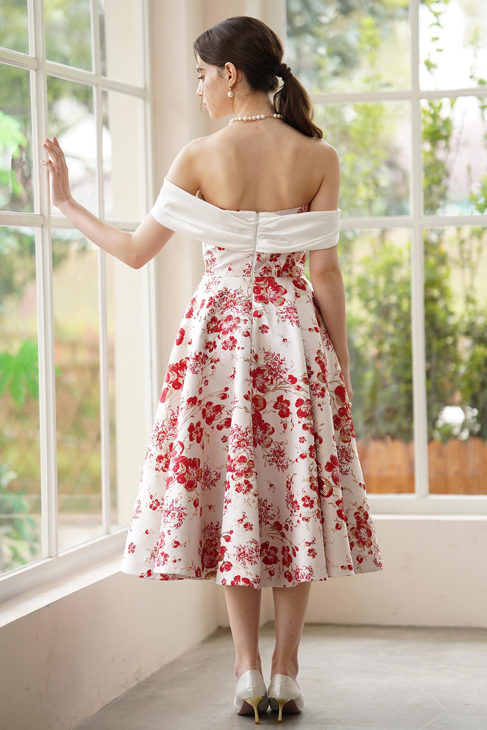 A-Line Tea Length Jacquard Satin Wedding Dress CW3317 - COCOMELODY