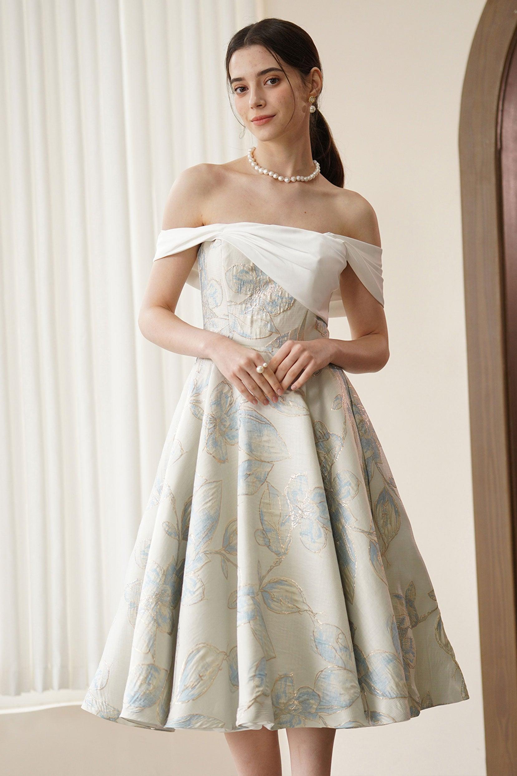 A-Line Tea Length Jacquard Satin Wedding Dress CW3318 - COCOMELODY
