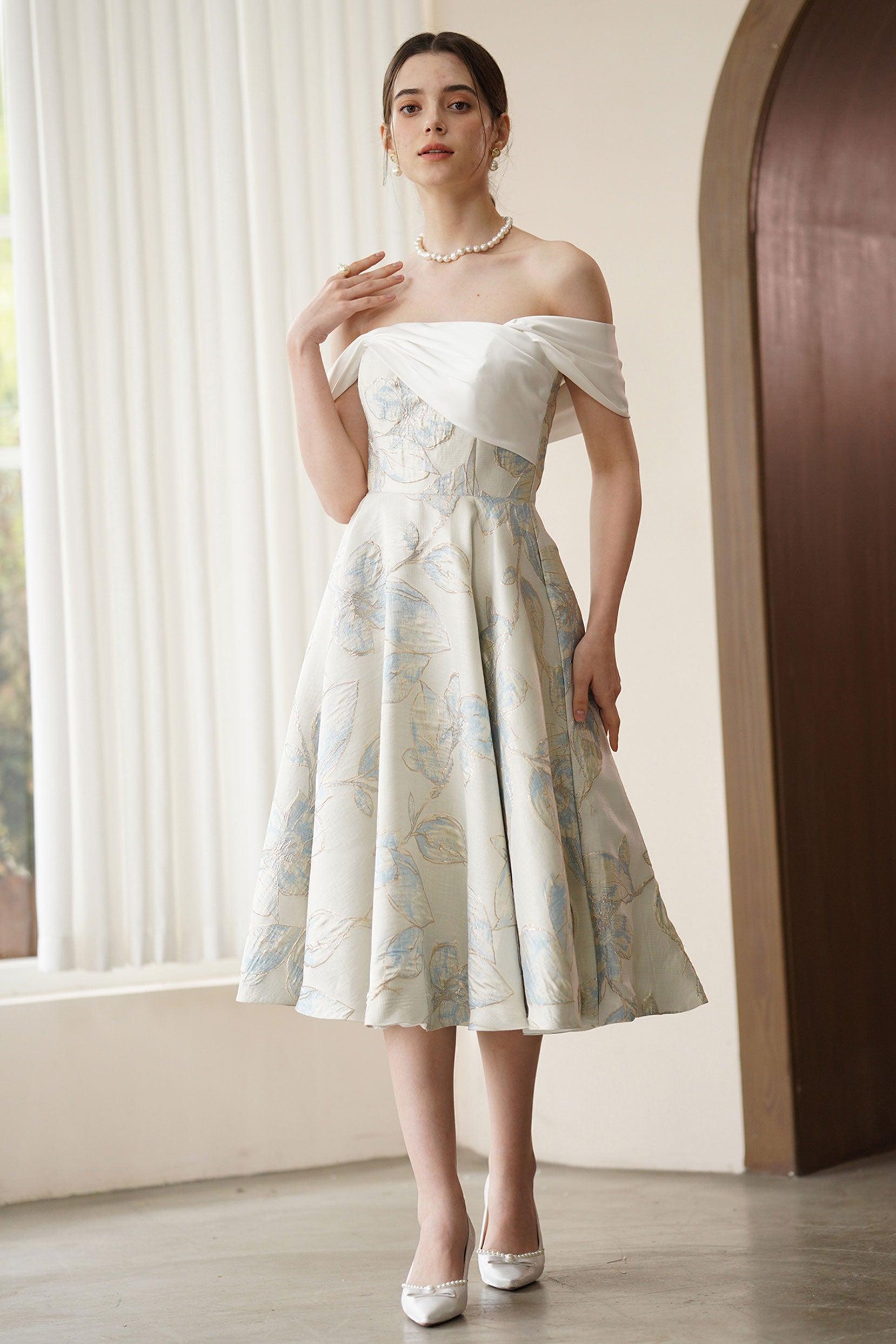 A-Line Tea Length Jacquard Satin Wedding Dress CW3318 - COCOMELODY