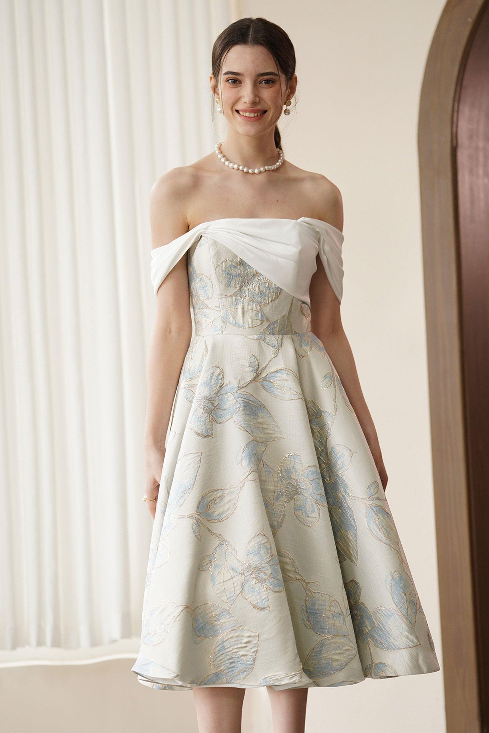 A-Line Tea Length Jacquard Satin Wedding Dress CW3318 - COCOMELODY