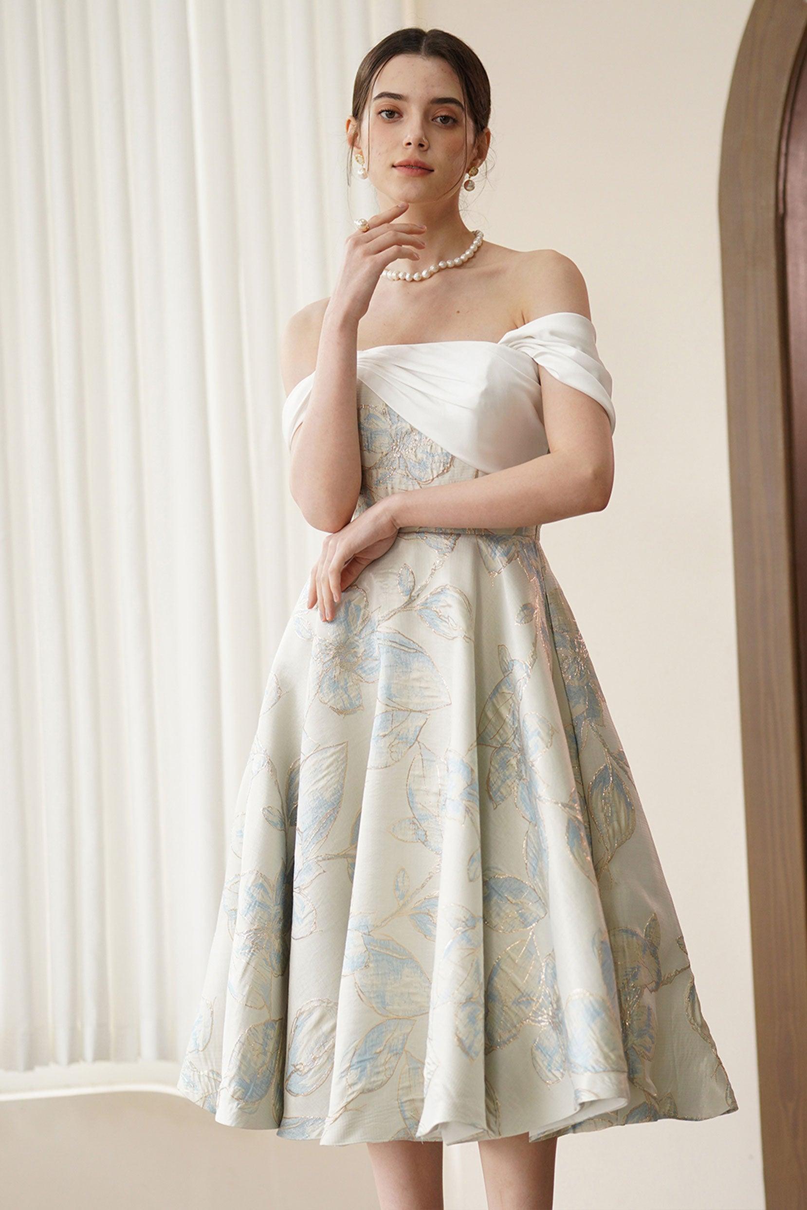 A-Line Tea Length Jacquard Satin Wedding Dress CW3318 - COCOMELODY