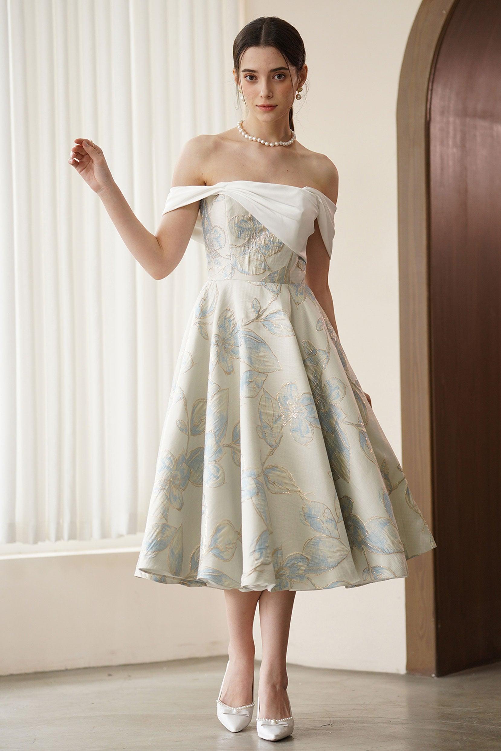 A-Line Tea Length Jacquard Satin Wedding Dress CW3318 - COCOMELODY