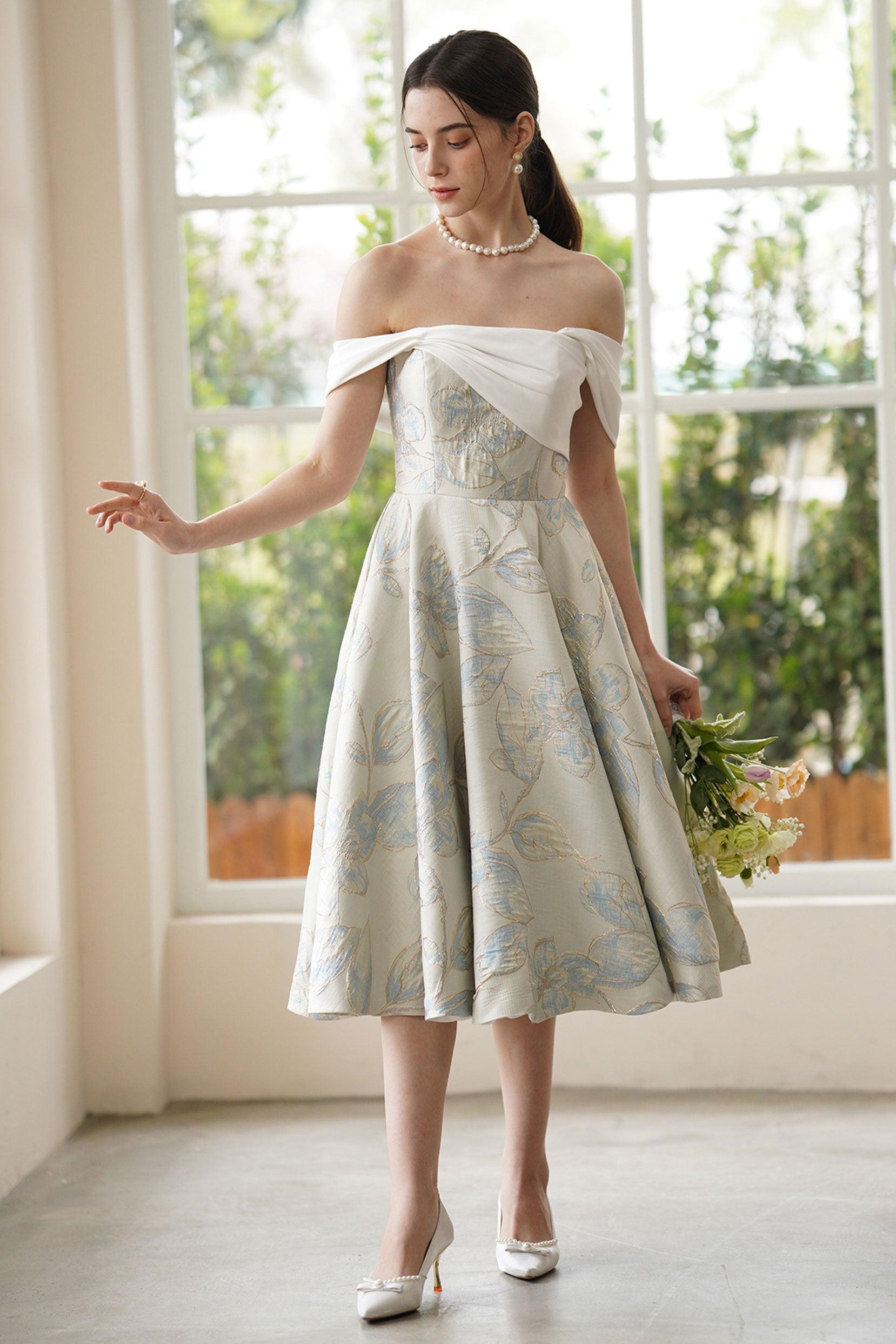 A-Line Tea Length Jacquard Satin Wedding Dress CW3318 - COCOMELODY