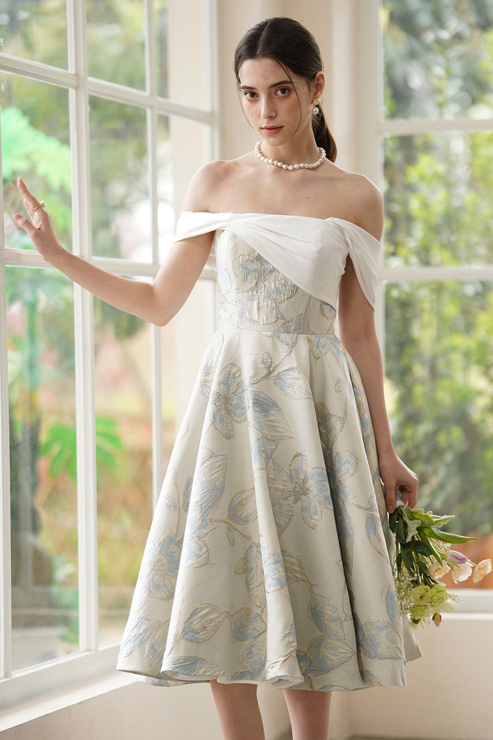 A-Line Tea Length Jacquard Satin Wedding Dress CW3318 - COCOMELODY