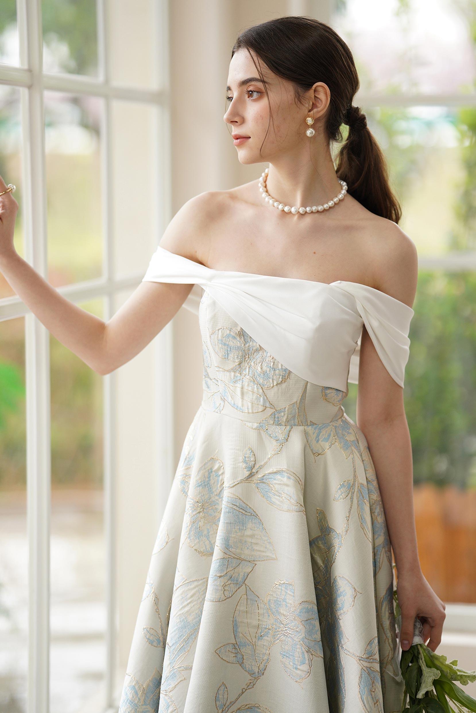 A-Line Tea Length Jacquard Satin Wedding Dress CW3318 - COCOMELODY