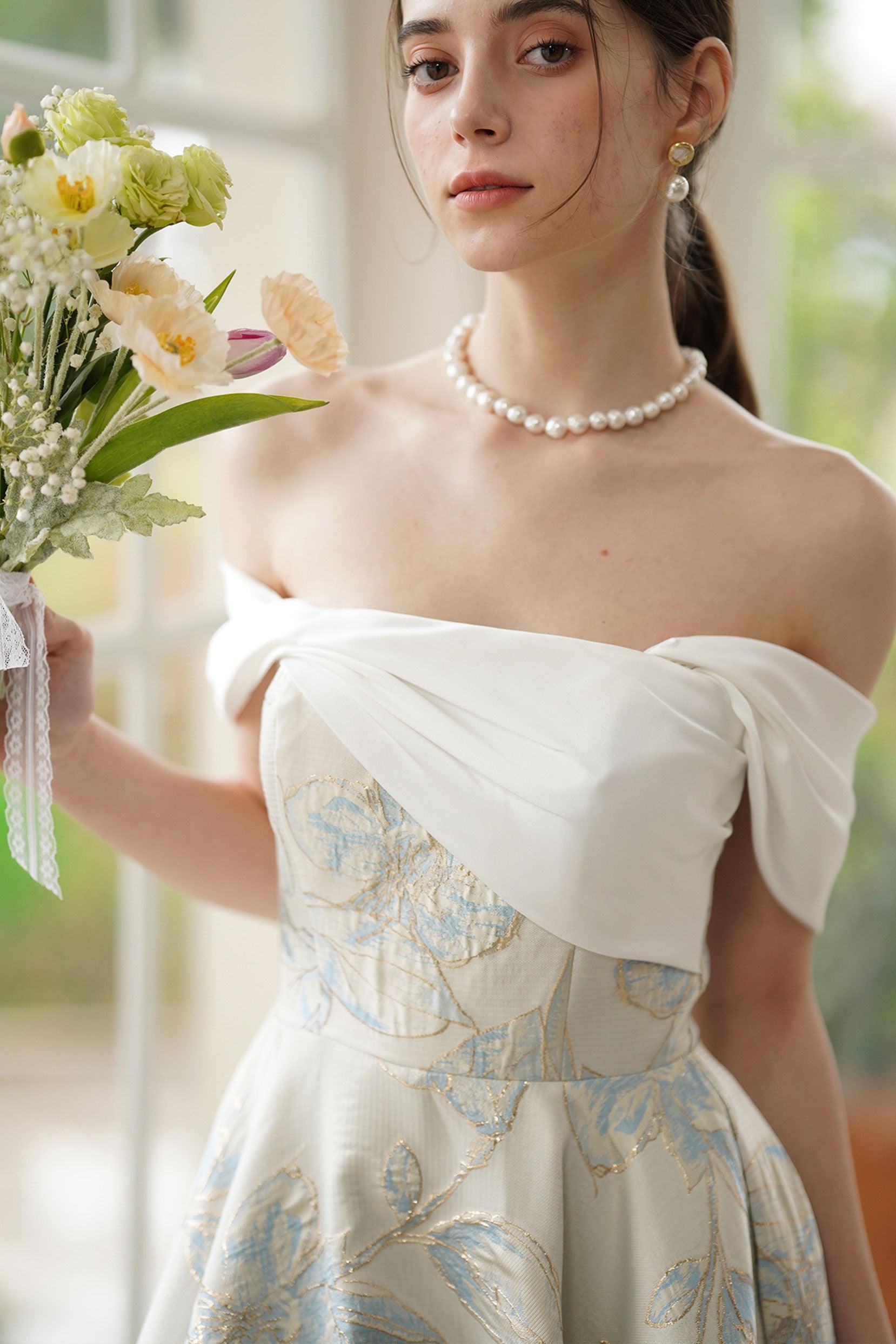 A-Line Tea Length Jacquard Satin Wedding Dress CW3318 - COCOMELODY