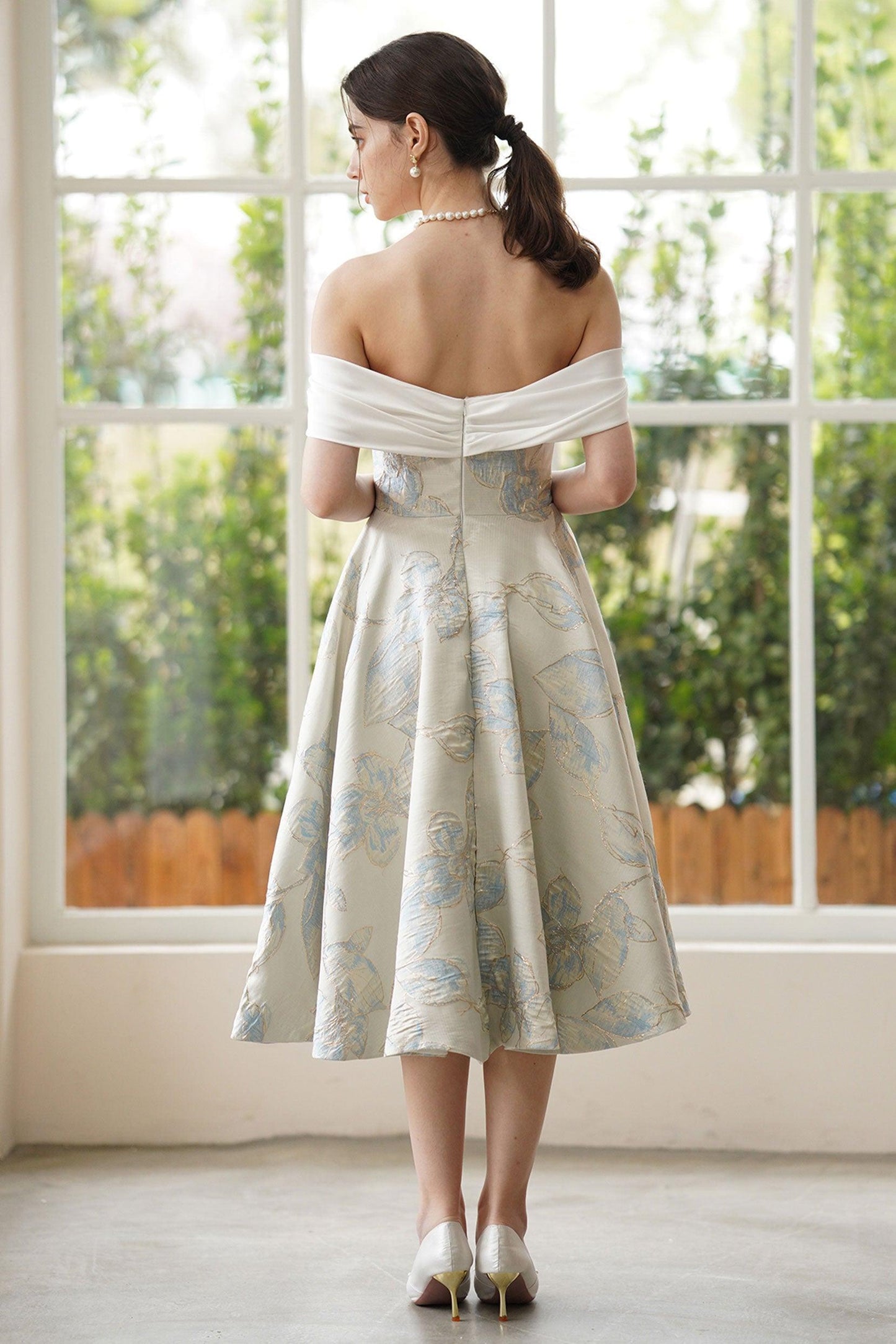 A-Line Tea Length Jacquard Satin Wedding Dress CW3318 - COCOMELODY