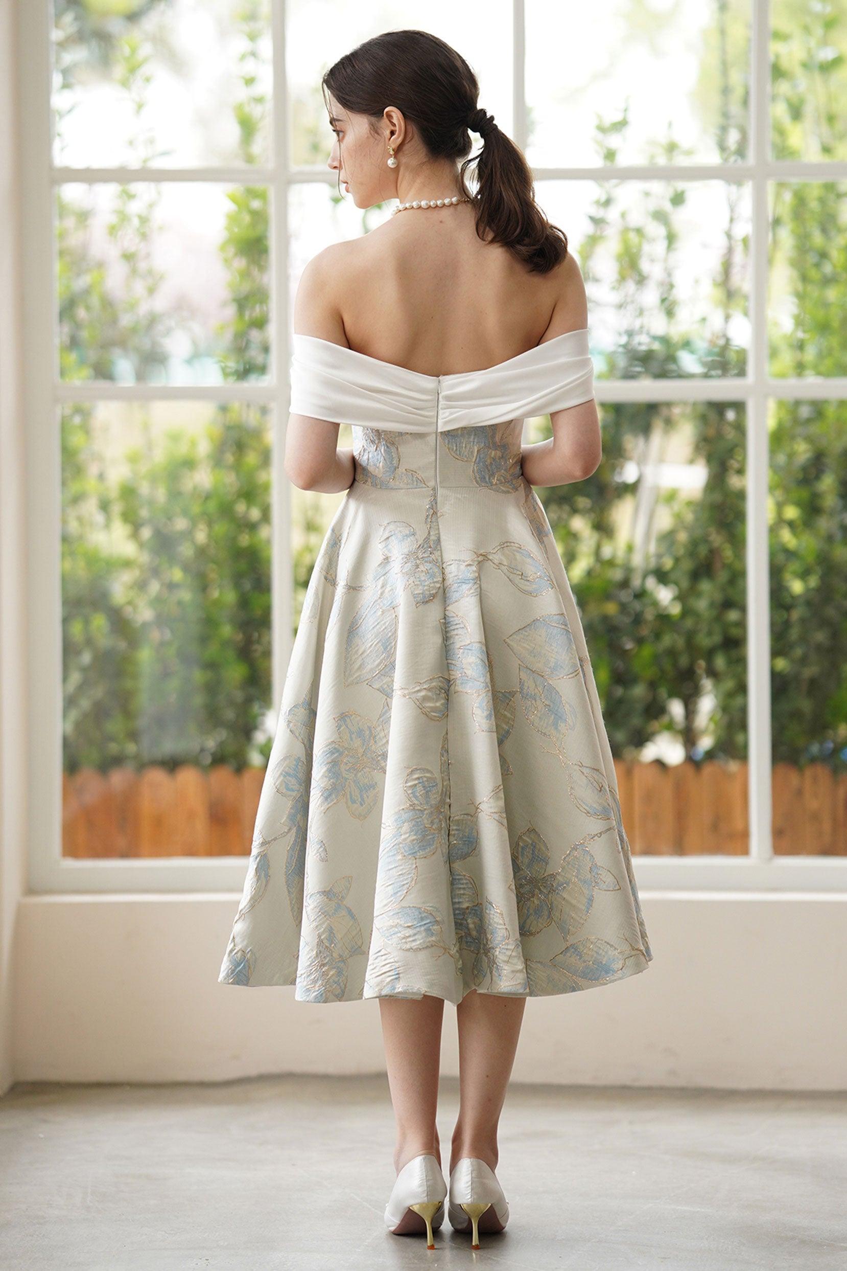 A-Line Tea Length Jacquard Satin Wedding Dress CW3318 - COCOMELODY