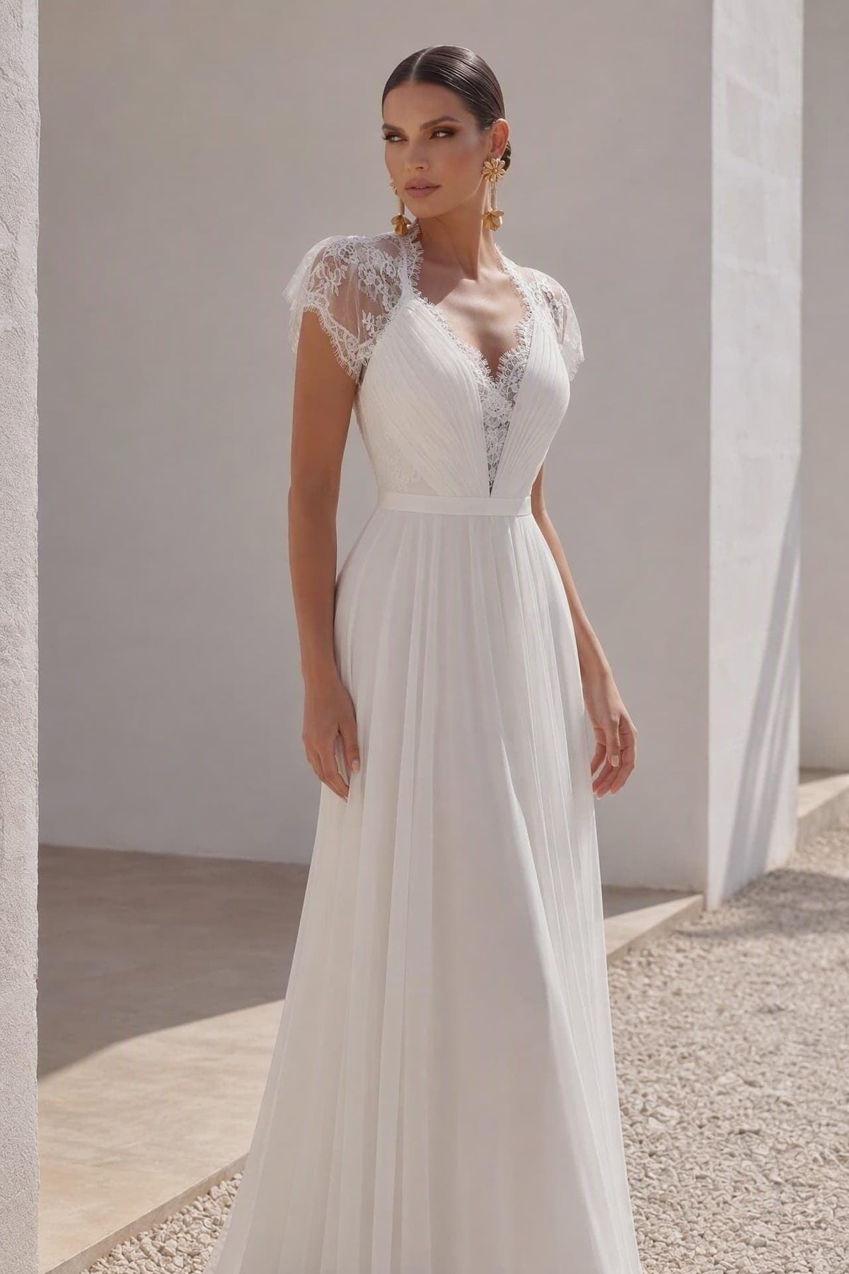 A-Line Sweep-Brush Train Chiffon Wedding Dress LD2676 - 25 Days / Ivory / US0-UK2-EUR30 - COCOMELODY