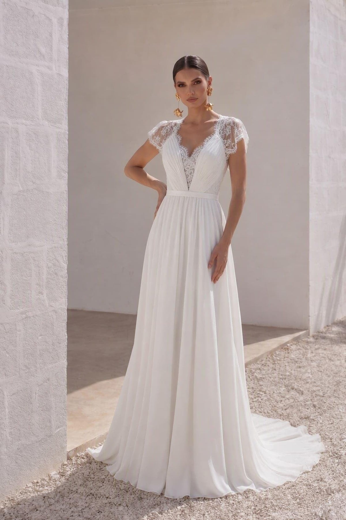 A-Line Sweep-Brush Train Chiffon Wedding Dress LD2676 - 25 Days / Ivory / US0-UK2-EUR30 - COCOMELODY
